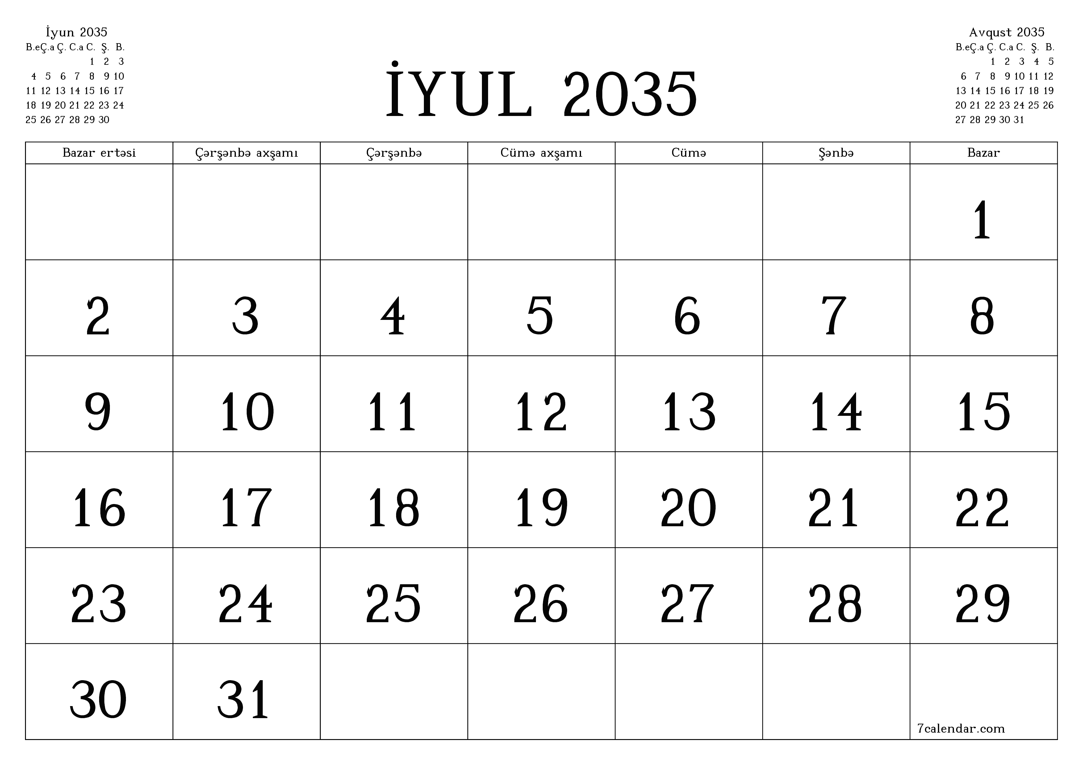 İyul 2035 ayı üçün qeydlər ilə boş aylıq planlayıcı, qeyd edin və PDF-ə yazdırın PNG Azerbaijani