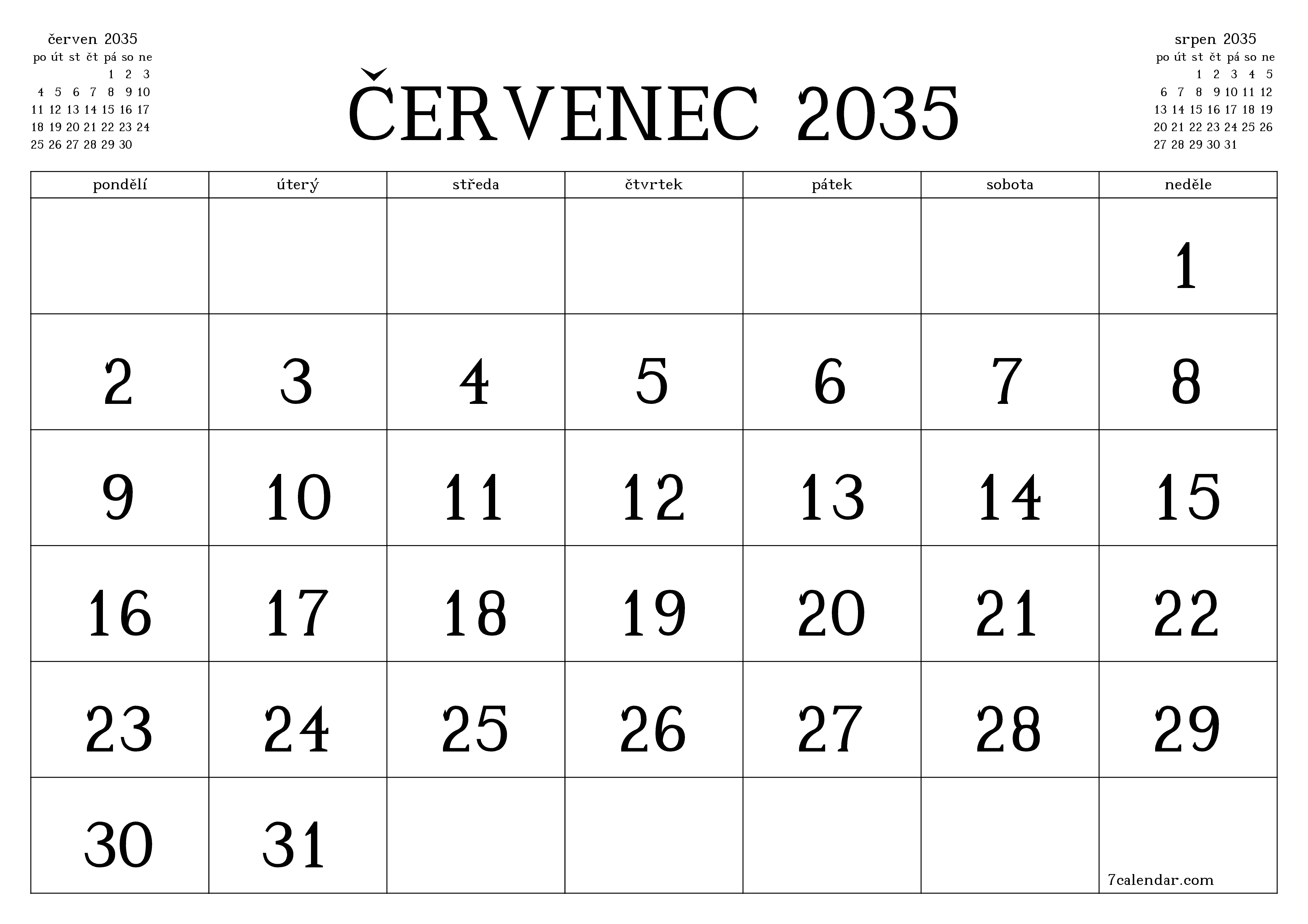 Vyprázdnit měsíční plánovač na měsíc červenec 2035 s poznámkami, uložit a vytisknout do PDF PNG Czech