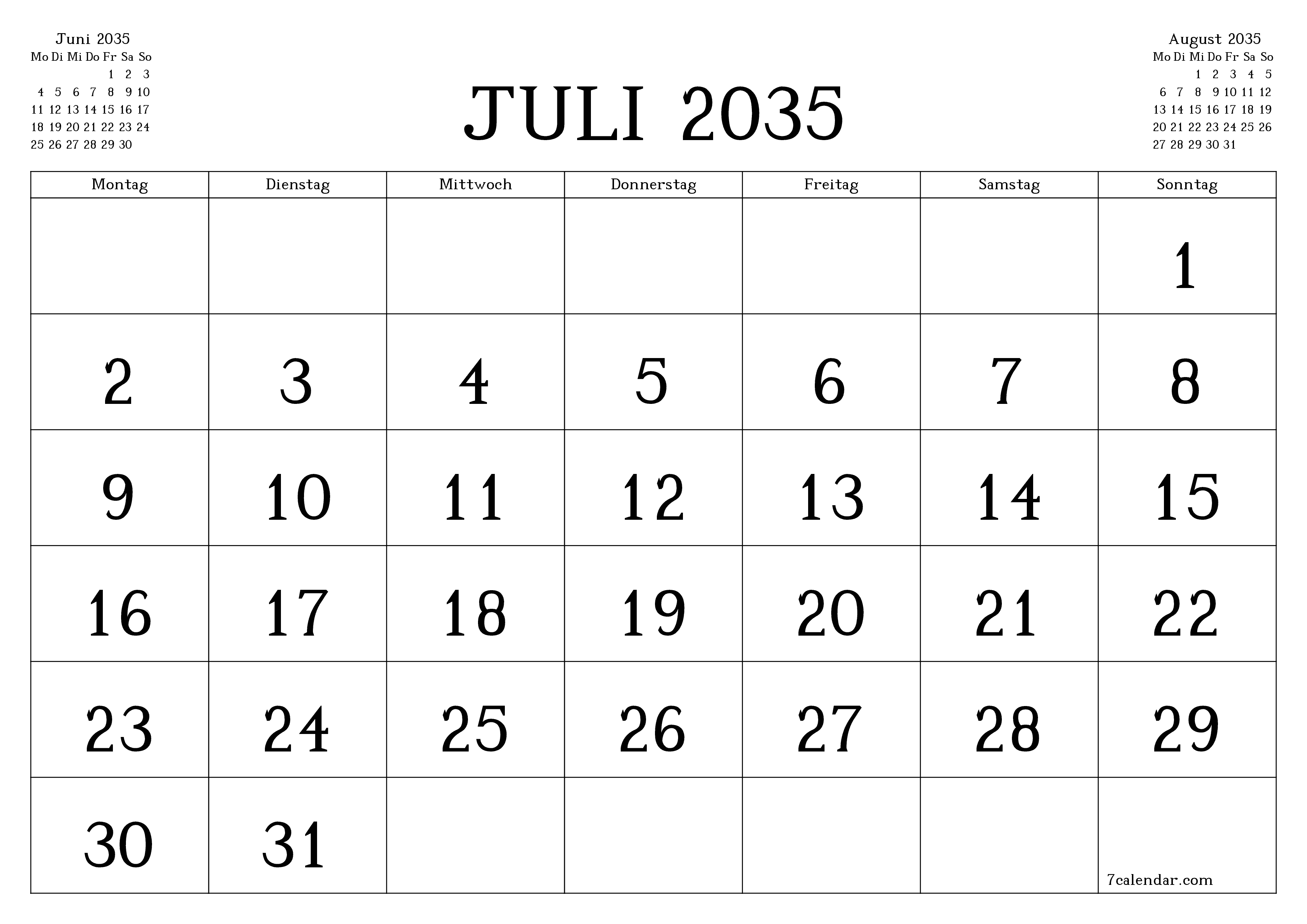 Monatsplaner für Monat Juli 2035 mit Notizen leeren, speichern und als PDF PNG German - 7calendar.com drucken