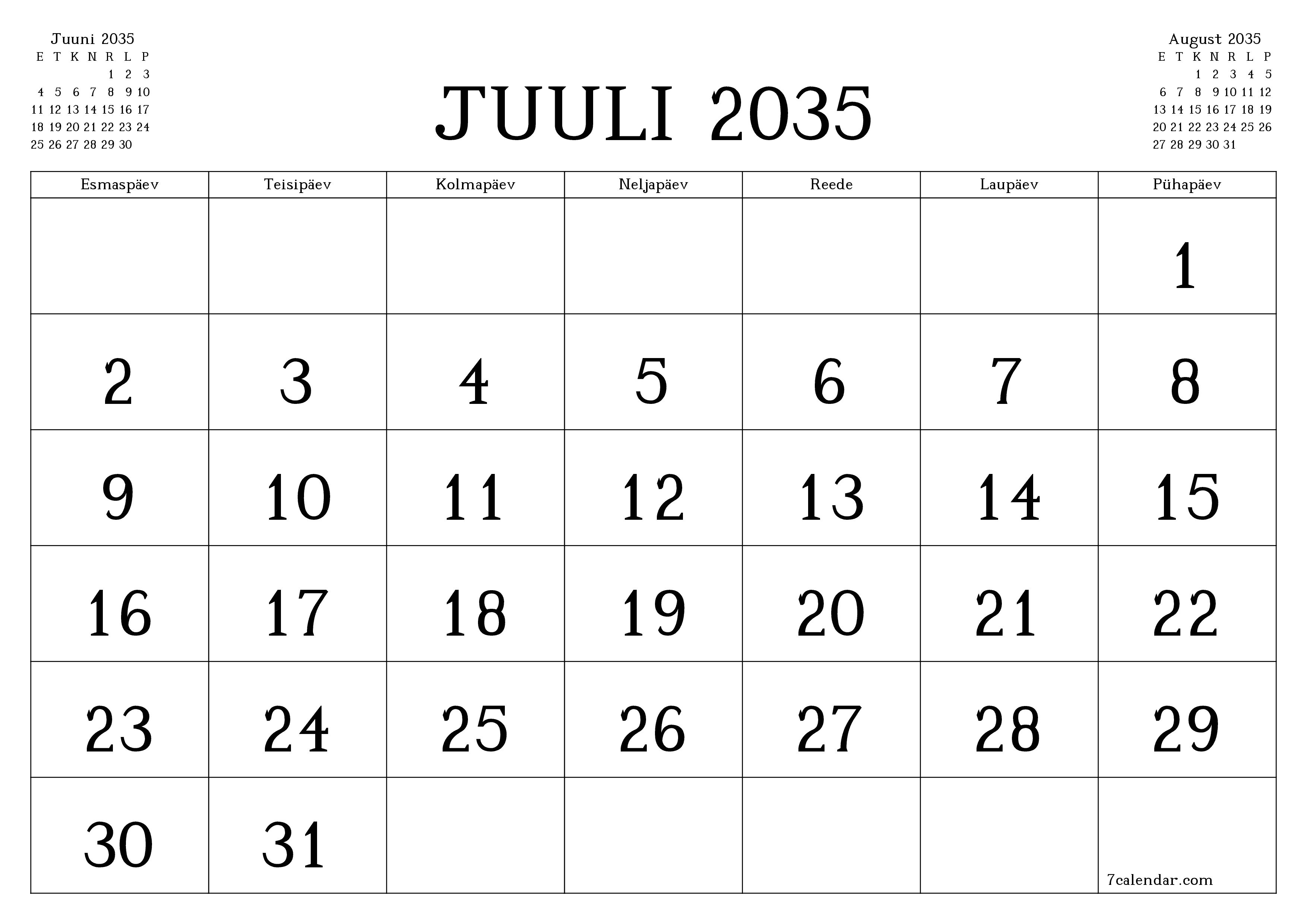 Tühjendage kuu Juuli 2035 kuuplaneerija märkmetega, salvestage ja printige PDF-i PNG Estonian
