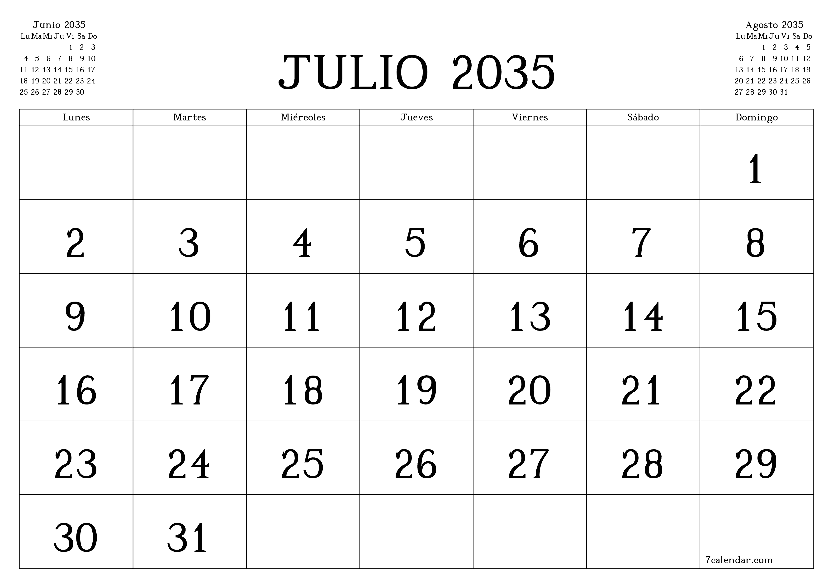 Planificador mensual vacío para el mes Julio 2035 con notas, guardar e imprimir en PDF PNG Spanish