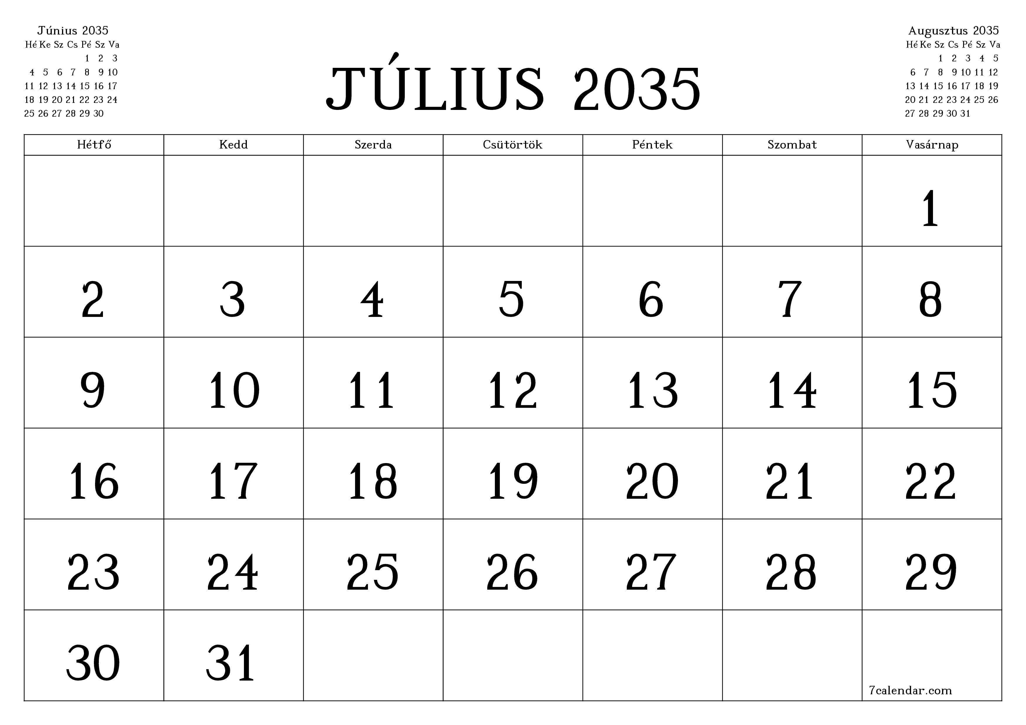 Üres havi tervező a Július 2035 hónapra jegyzetekkel, mentés és nyomtatás PDF-be PNG Hungarian