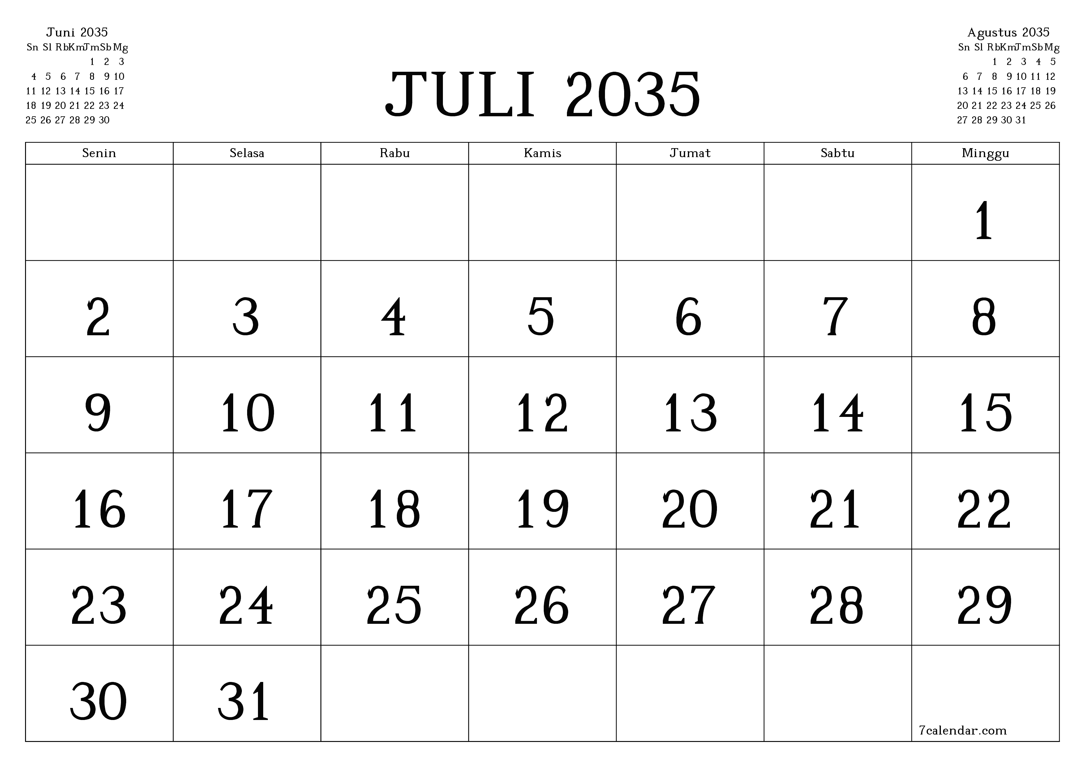 Kosongkan agenda bulanan untuk bulan Juli 2035 dengan catatan, simpan dan cetak ke PDF PNG Indonesian