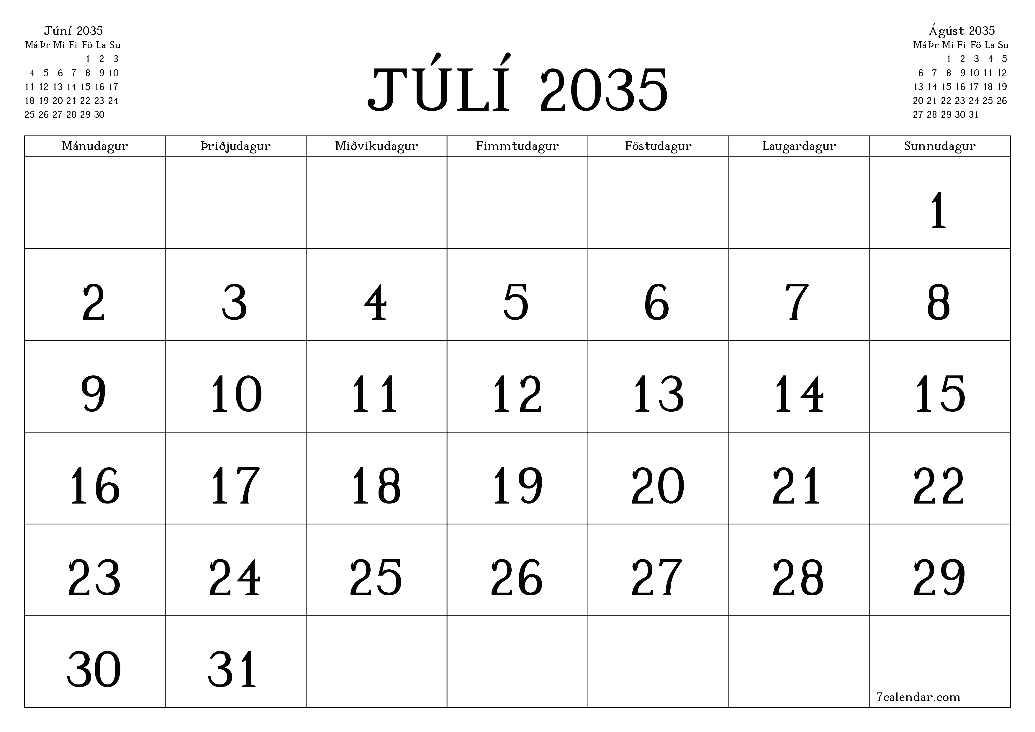 Tómur mánaðarlegur skipuleggjandi fyrir mánuðinn Júlí 2035 með athugasemdum, vista og prenta á PDF PNG Icelandic