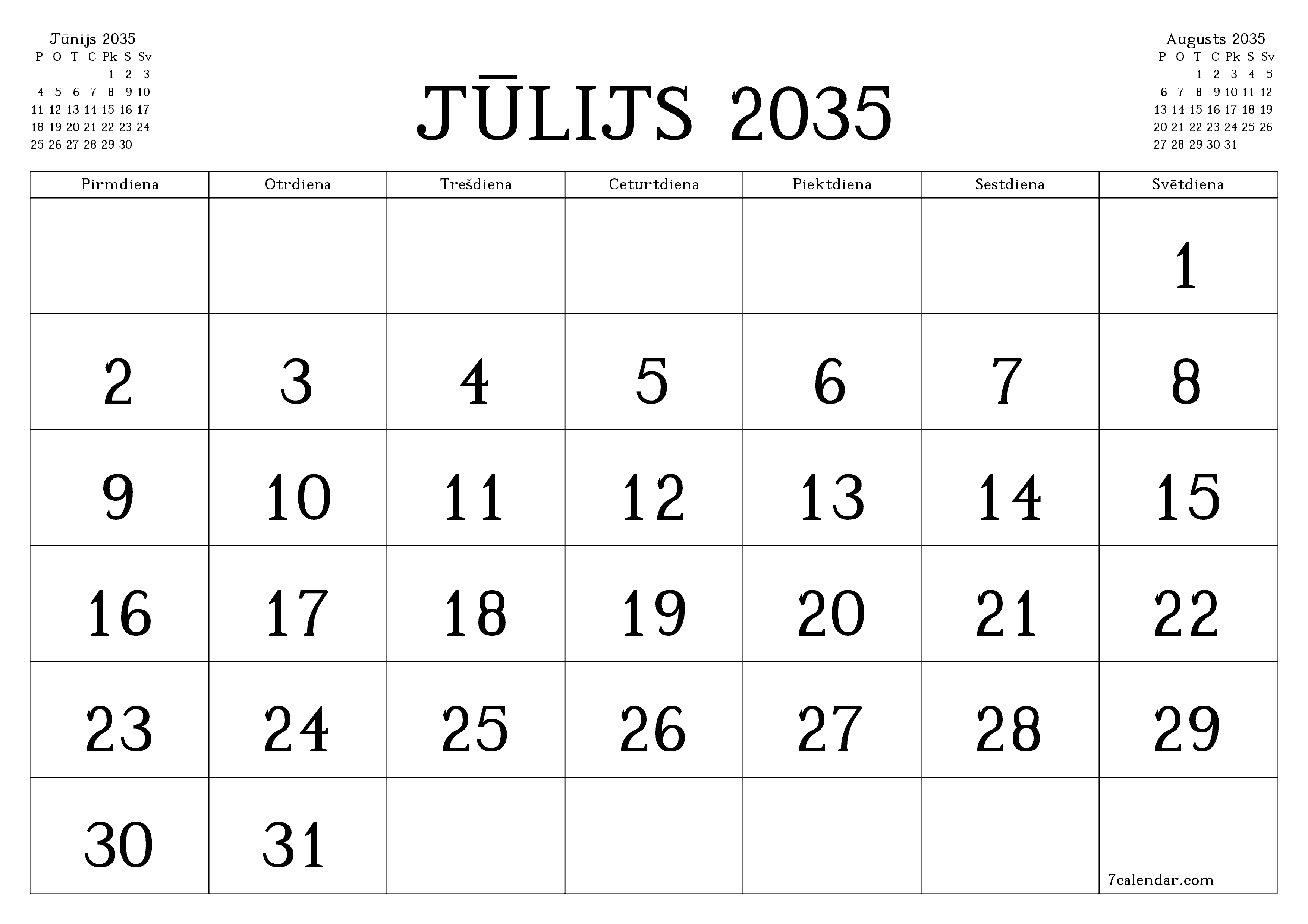 Iztukšot mēneša plānotāju mēnesim Jūlijs 2035 ar piezīmēm, saglabāt un izdrukāt PDF formātā PNG Latvian
