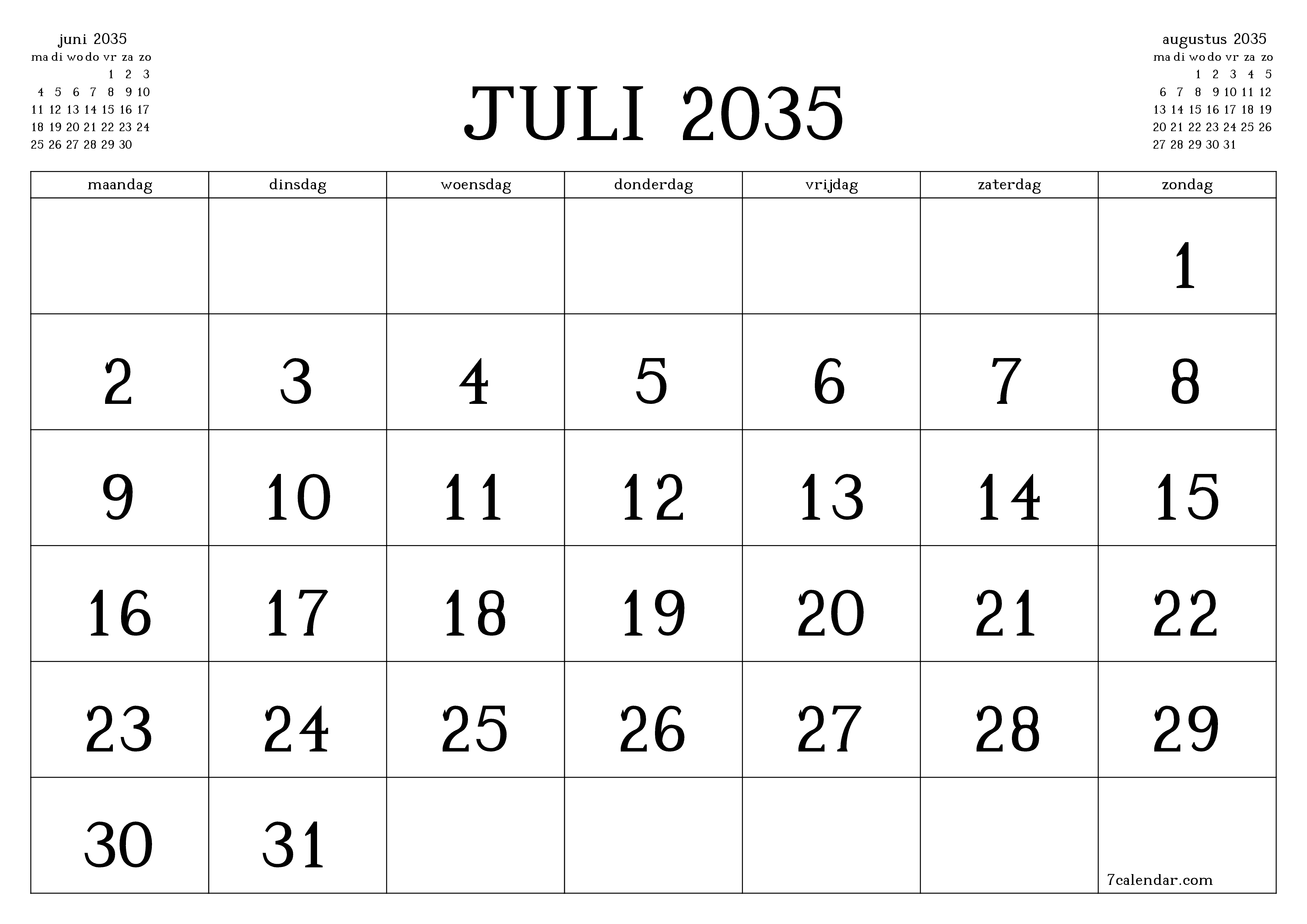Lege maandplanner voor maand juli 2035 met notities, opslaan en afdrukken naar pdf PNG Dutch