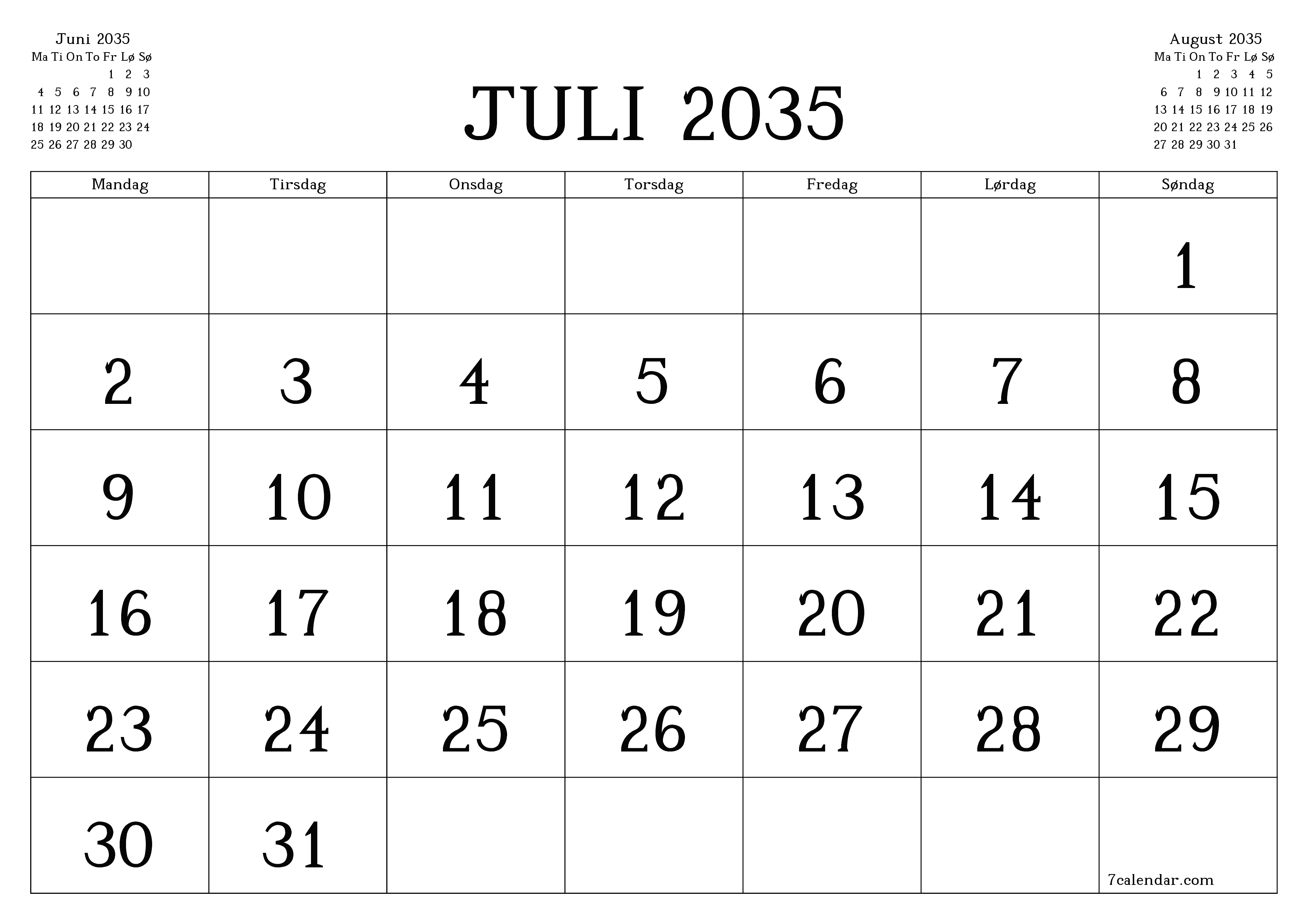 Tom månedlig planlegger for måned Juli 2035 med notater, lagre og skriv ut til PDF PNG Norwegian