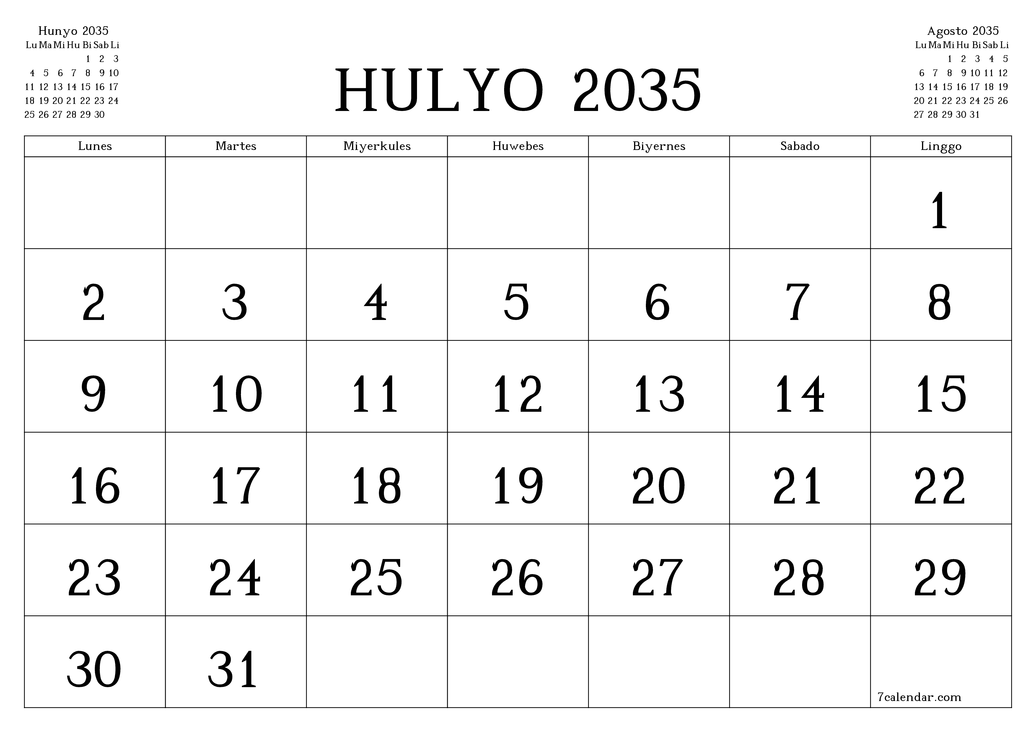 Walang laman na buwanang tagaplano para sa buwan na Hulyo 2035 na may mga tala, i-save at i-print sa PDF PNG Filipino