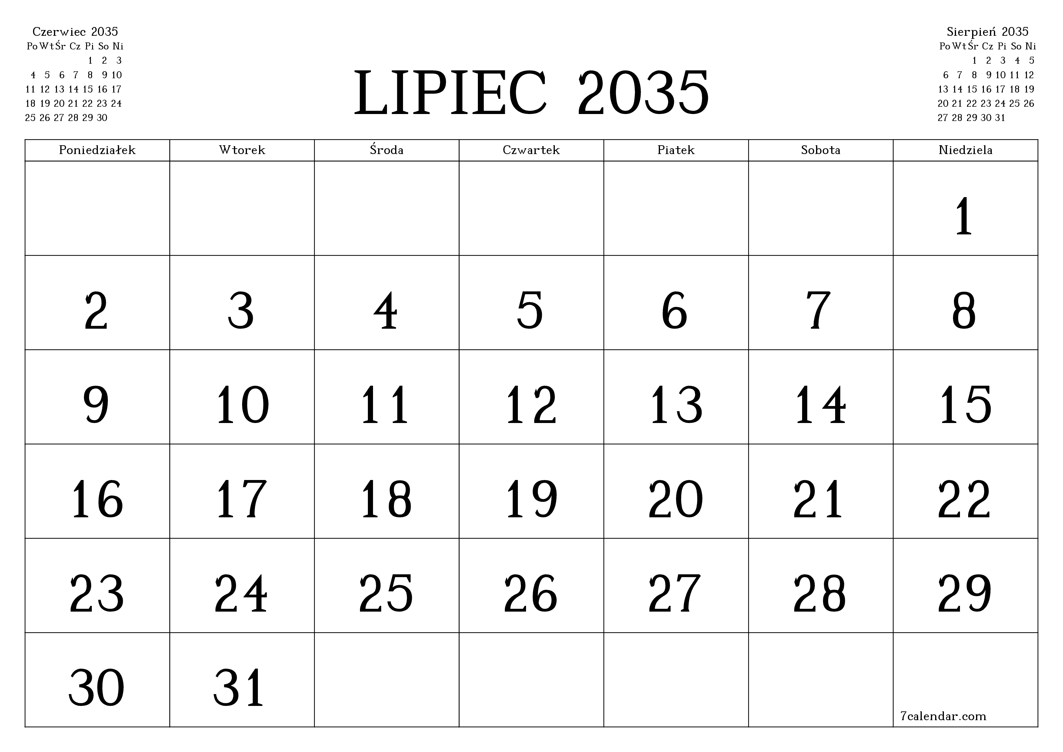 Opróżnij miesięczny planer na miesiąc Lipiec 2035 z notatkami, zapisz i wydrukuj w formacie PDF PNG Polish
