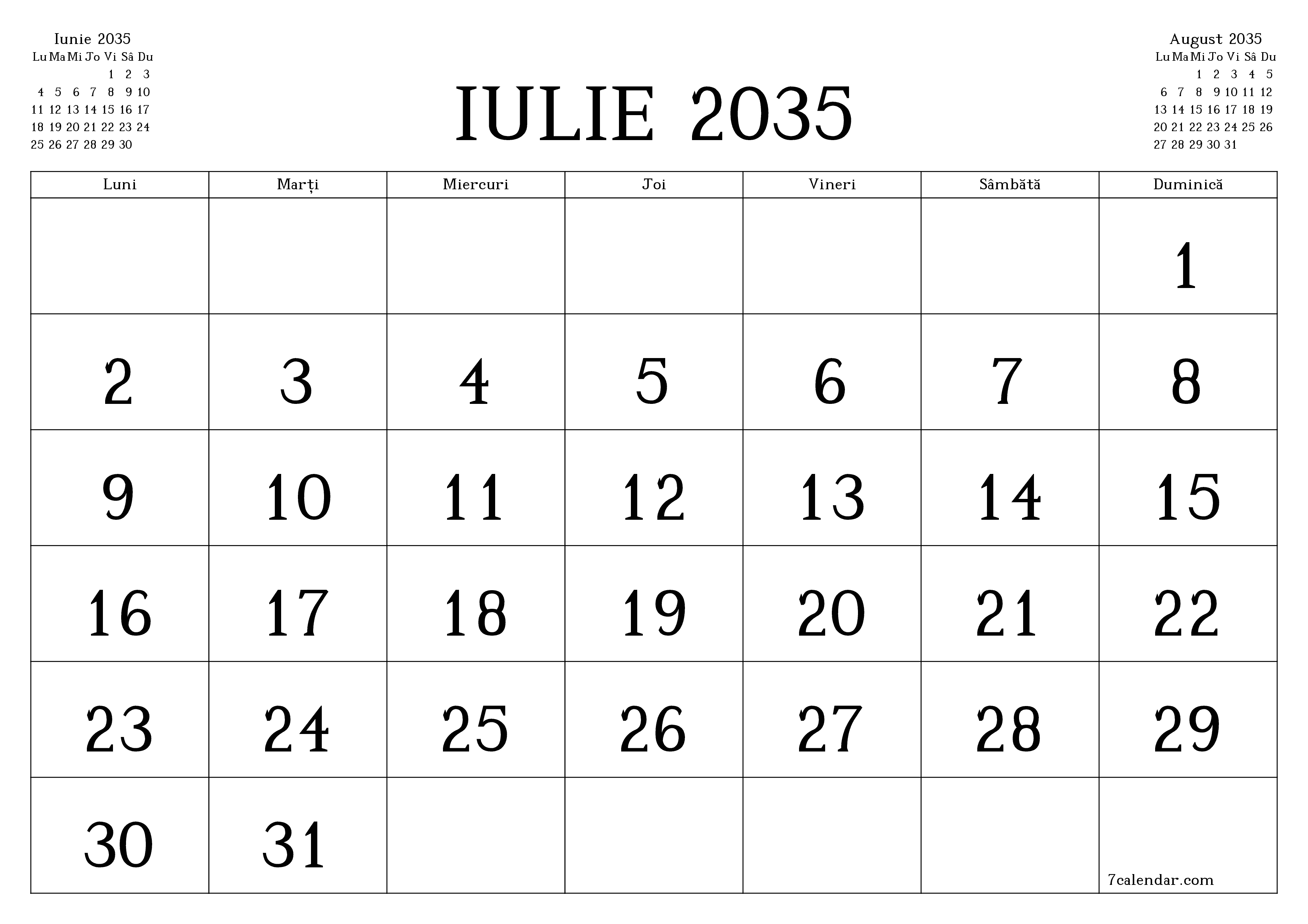 Planificator lunar gol pentru luna Iulie 2035 cu note, salvați și tipăriți în PDF PNG Romanian