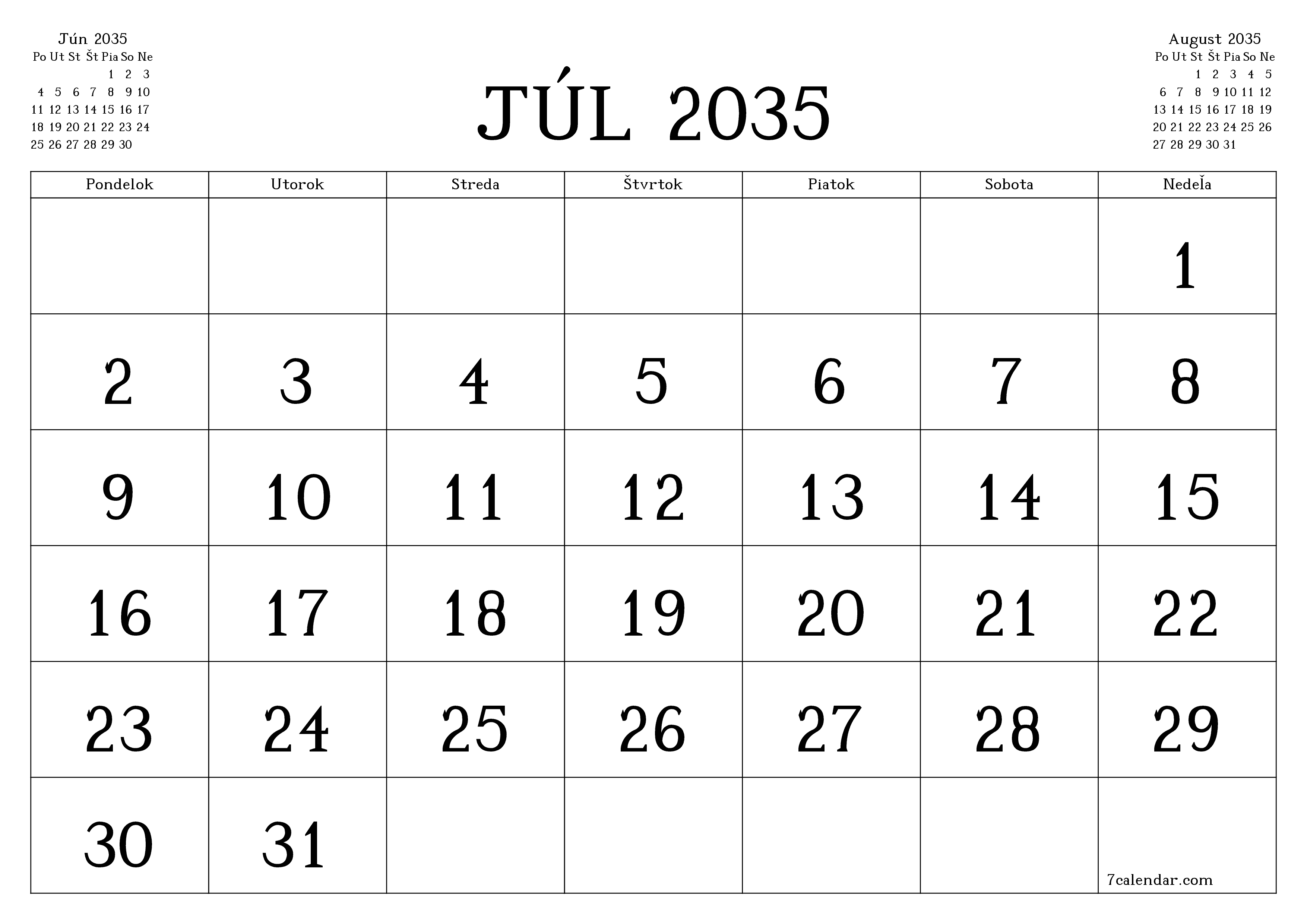 Prázdny mesačný plánovač na mesiac Júl 2035 s poznámkami, uloženie a tlač do PDF PNG Slovak