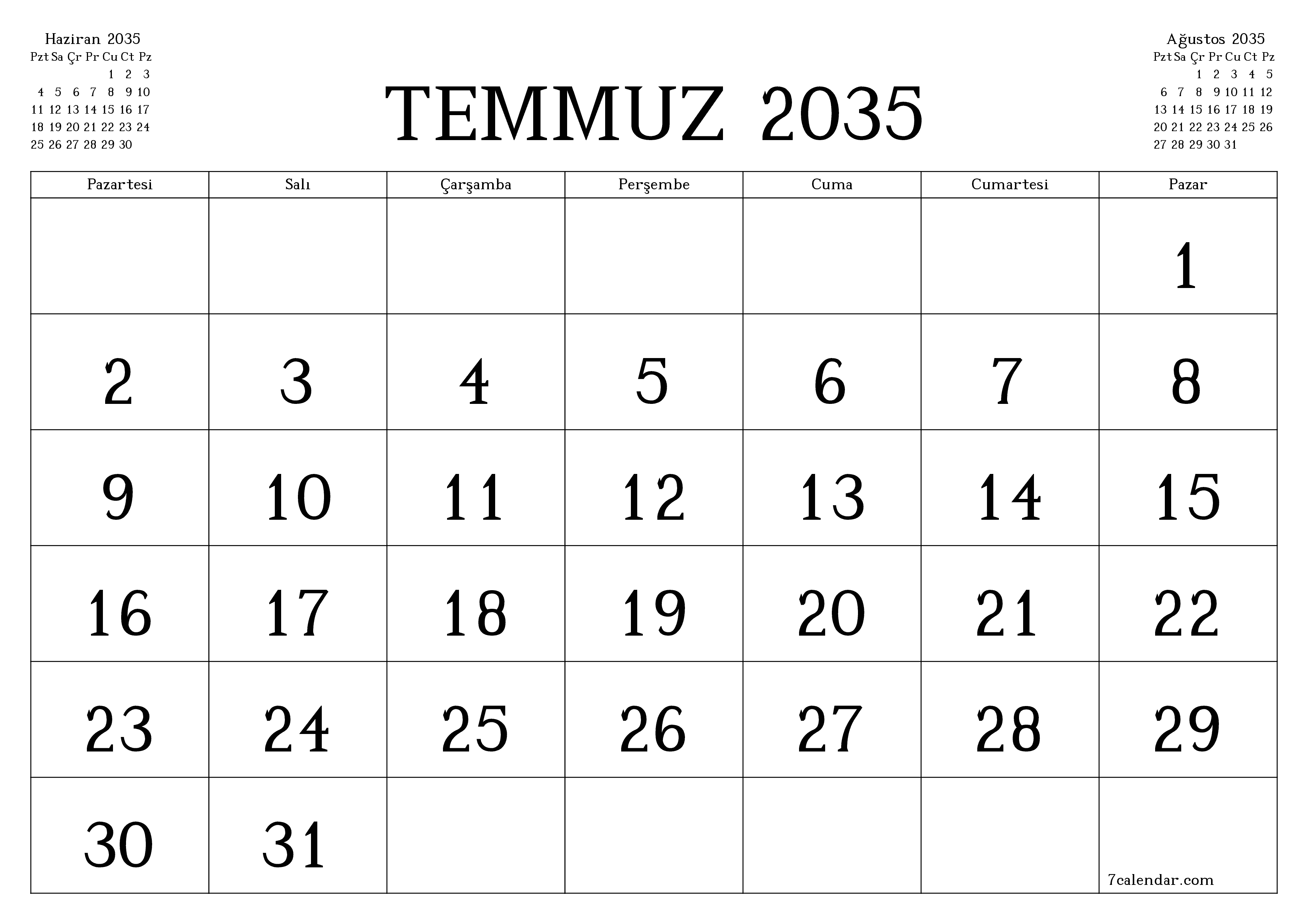 Temmuz 2035 ayı için notlarla birlikte boş aylık planlayıcı, kaydedin ve PDF'ye yazdırın PNG Turkish