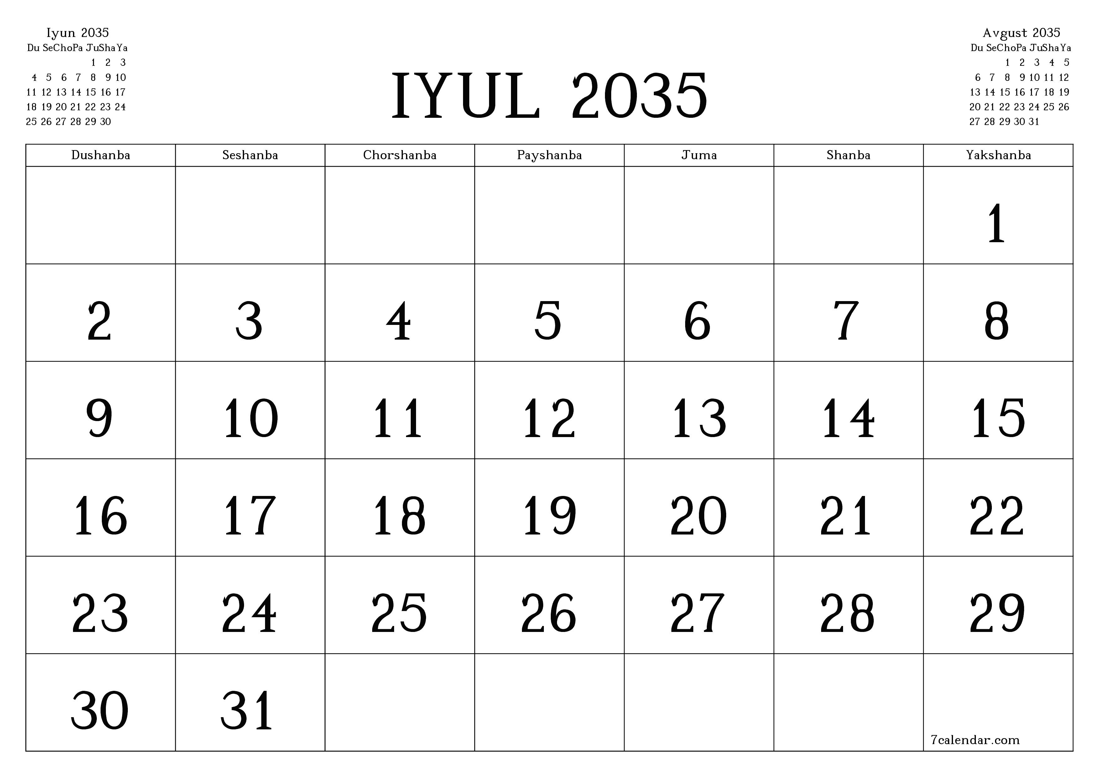 Iyul 2035 oylik oylik rejalashtiruvchini yozuvlar bilan bo'shatish, saqlash va PDF-ga chop etish PNG Uzbek
