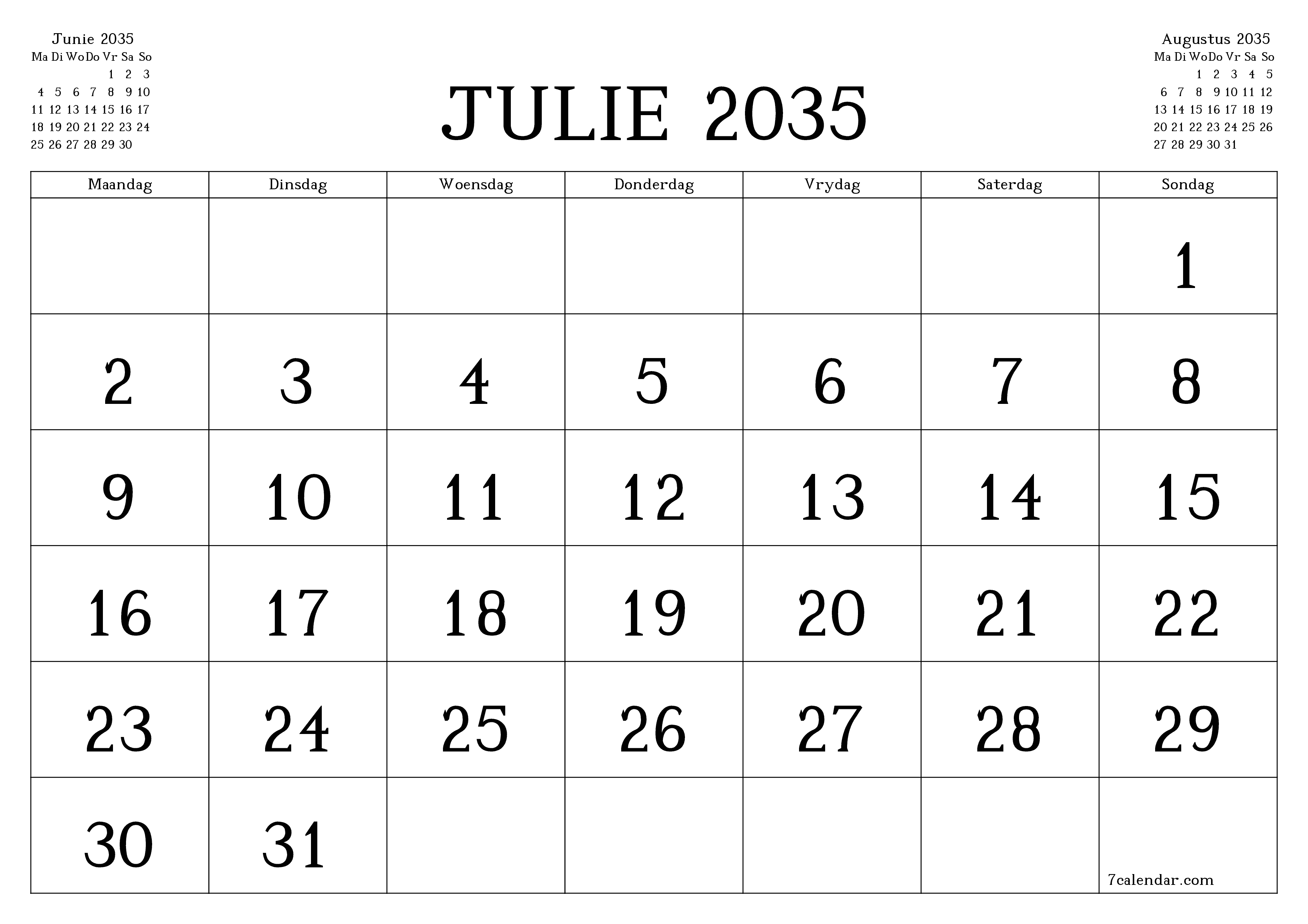 Leë maandelikse drukbare kalender en beplanner vir maand Julie 2035 met notas stoor en druk na PDF PNG Afrikaans