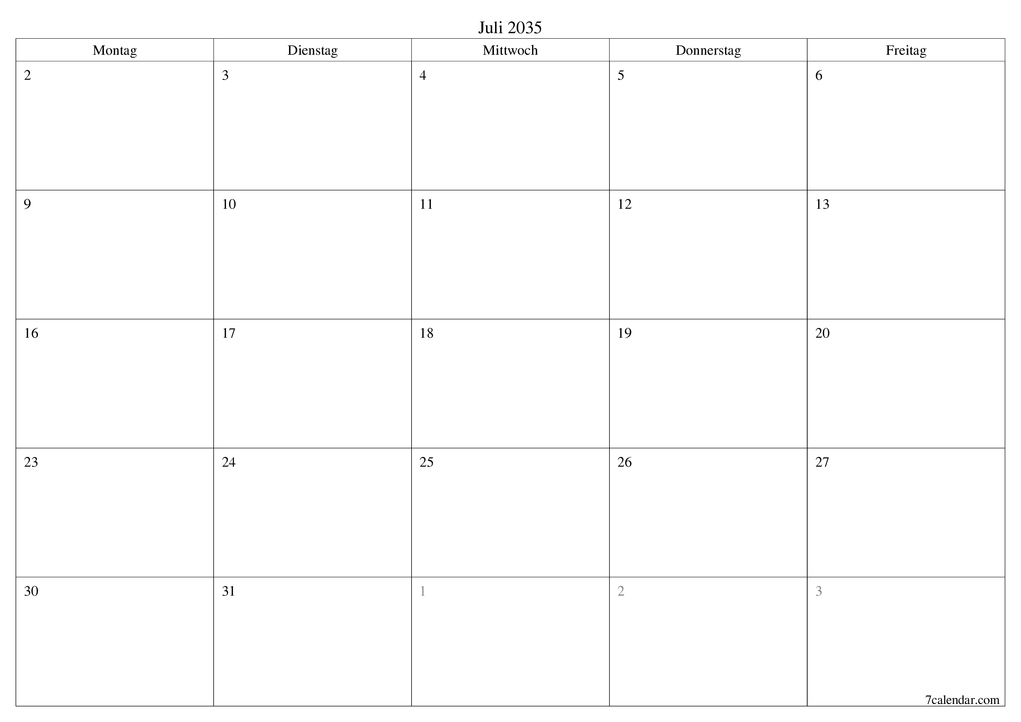 Monatsplaner für Monat Juli 2035 mit Notizen leeren, speichern und als PDF PNG German - 7calendar.com drucken