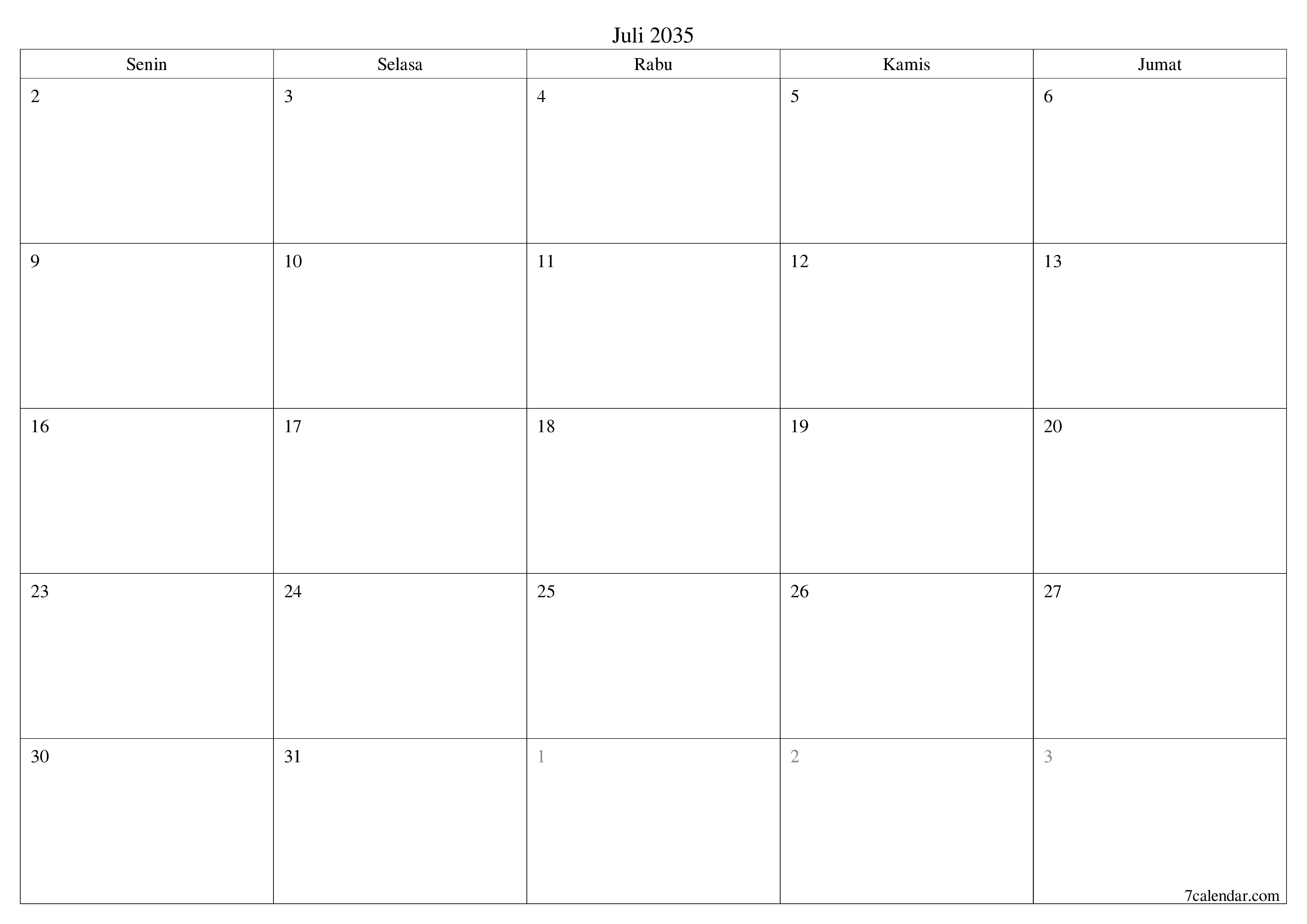 Kosongkan agenda bulanan untuk bulan Juli 2035 dengan catatan, simpan dan cetak ke PDF PNG Indonesian