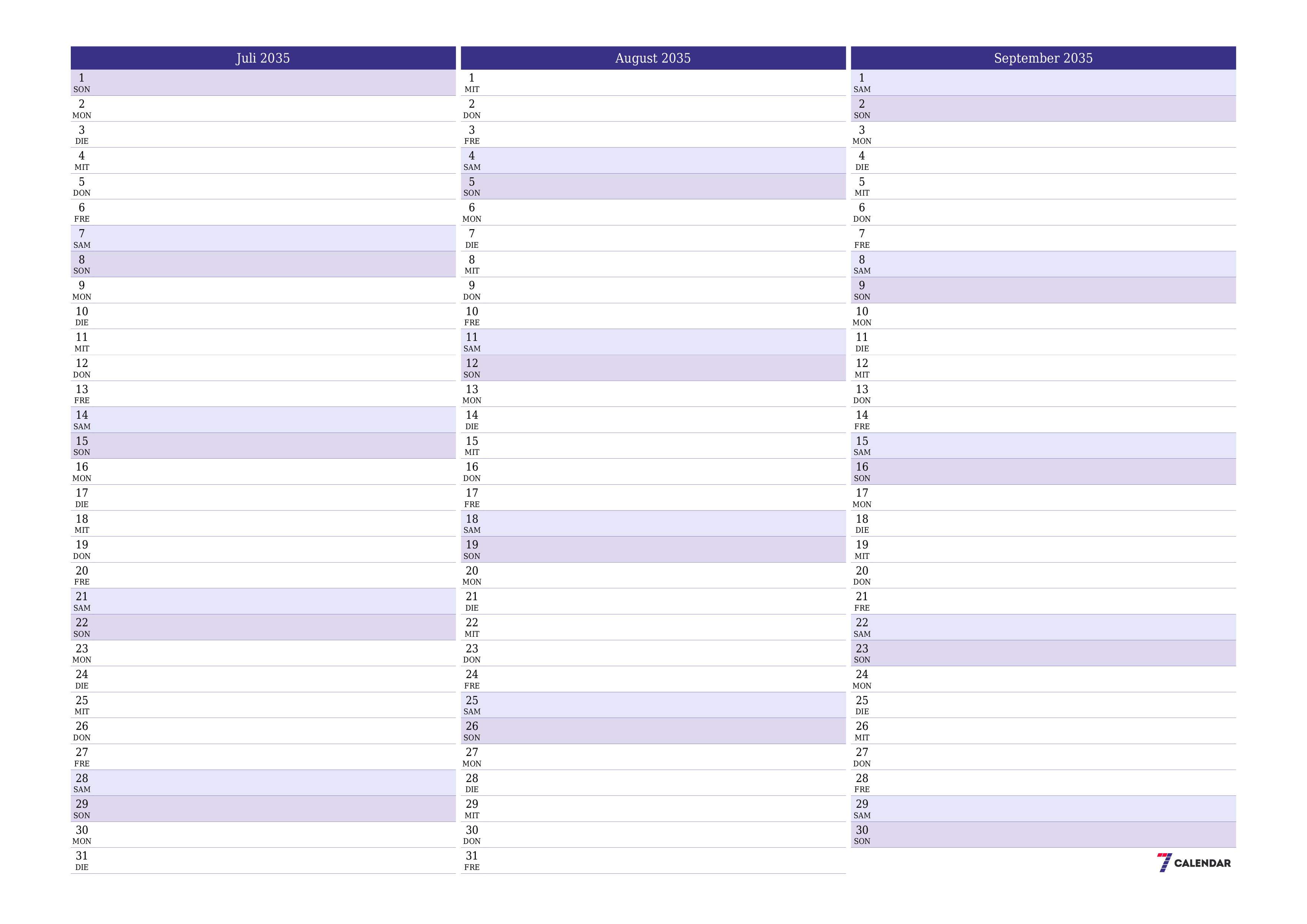 Monatsplaner für Monat Juli 2035 mit Notizen leeren, speichern und als PDF PNG German - 7calendar.com drucken
