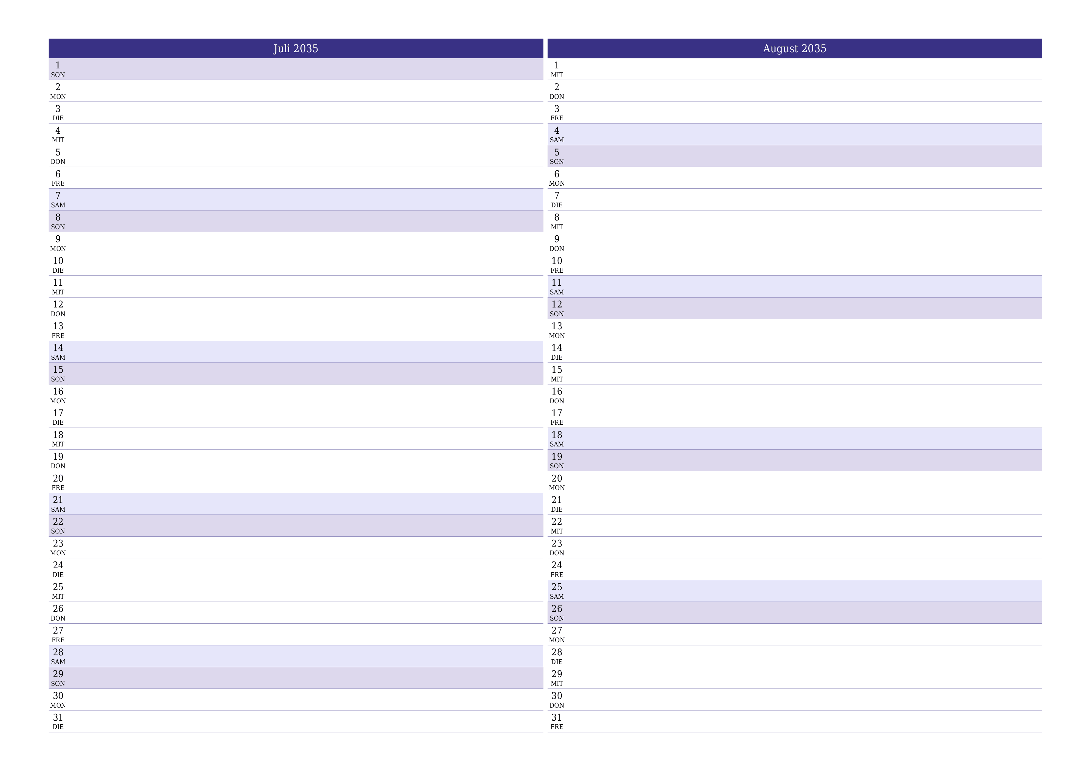 Monatsplaner für Monat Juli 2035 mit Notizen leeren, speichern und als PDF PNG German - 7calendar.com drucken