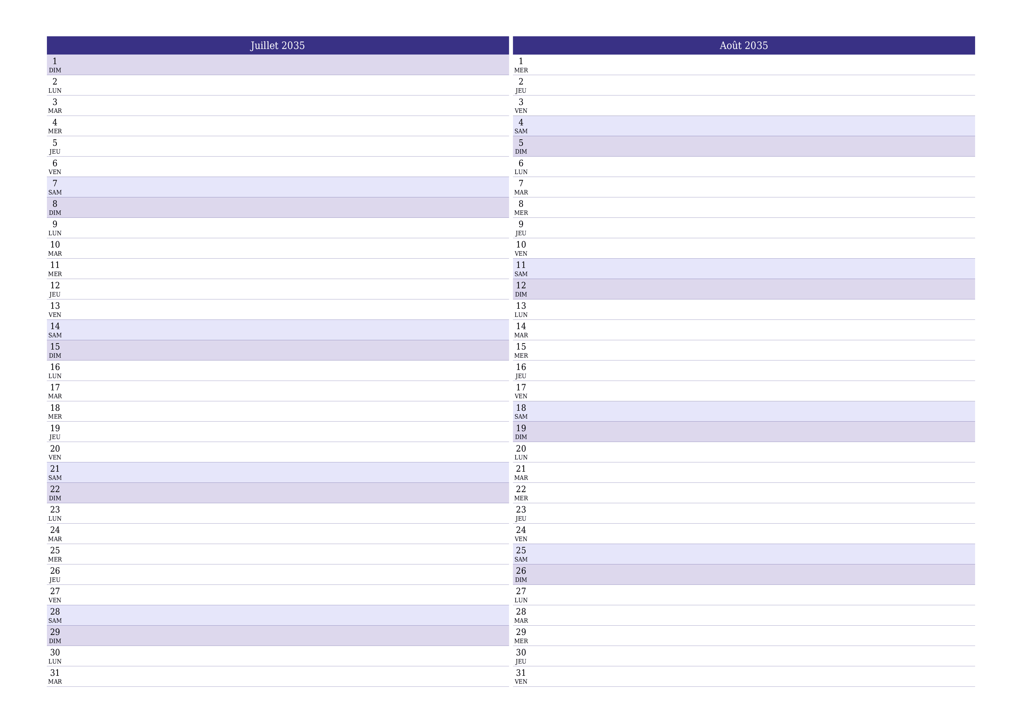 Agenda mensuel vide pour le mois Juillet 2035 avec notes, enregistrez et imprimez au format PDF PNG French
