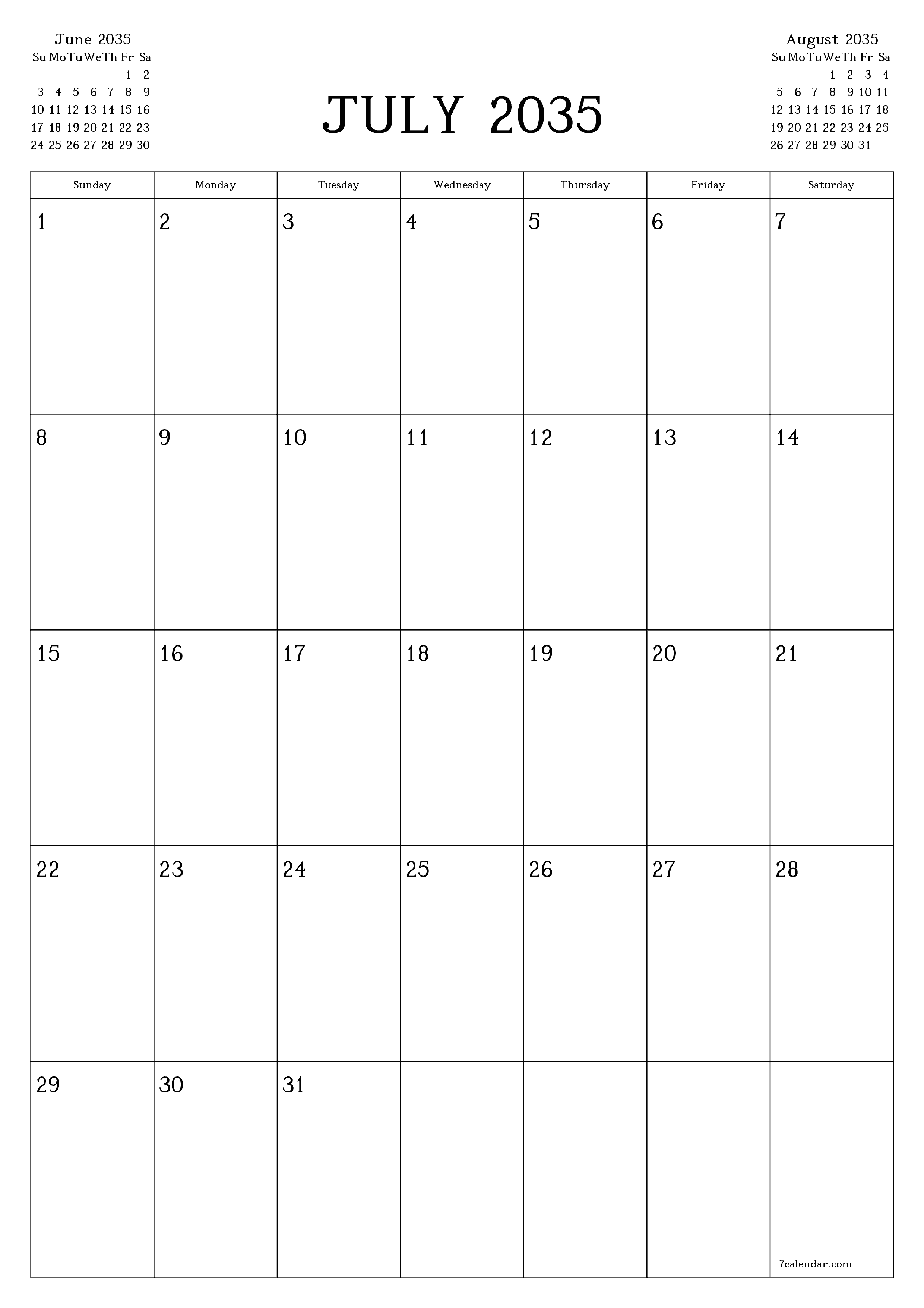 printable wall template free vertical Monthly planner calendar July (Jul) 2035