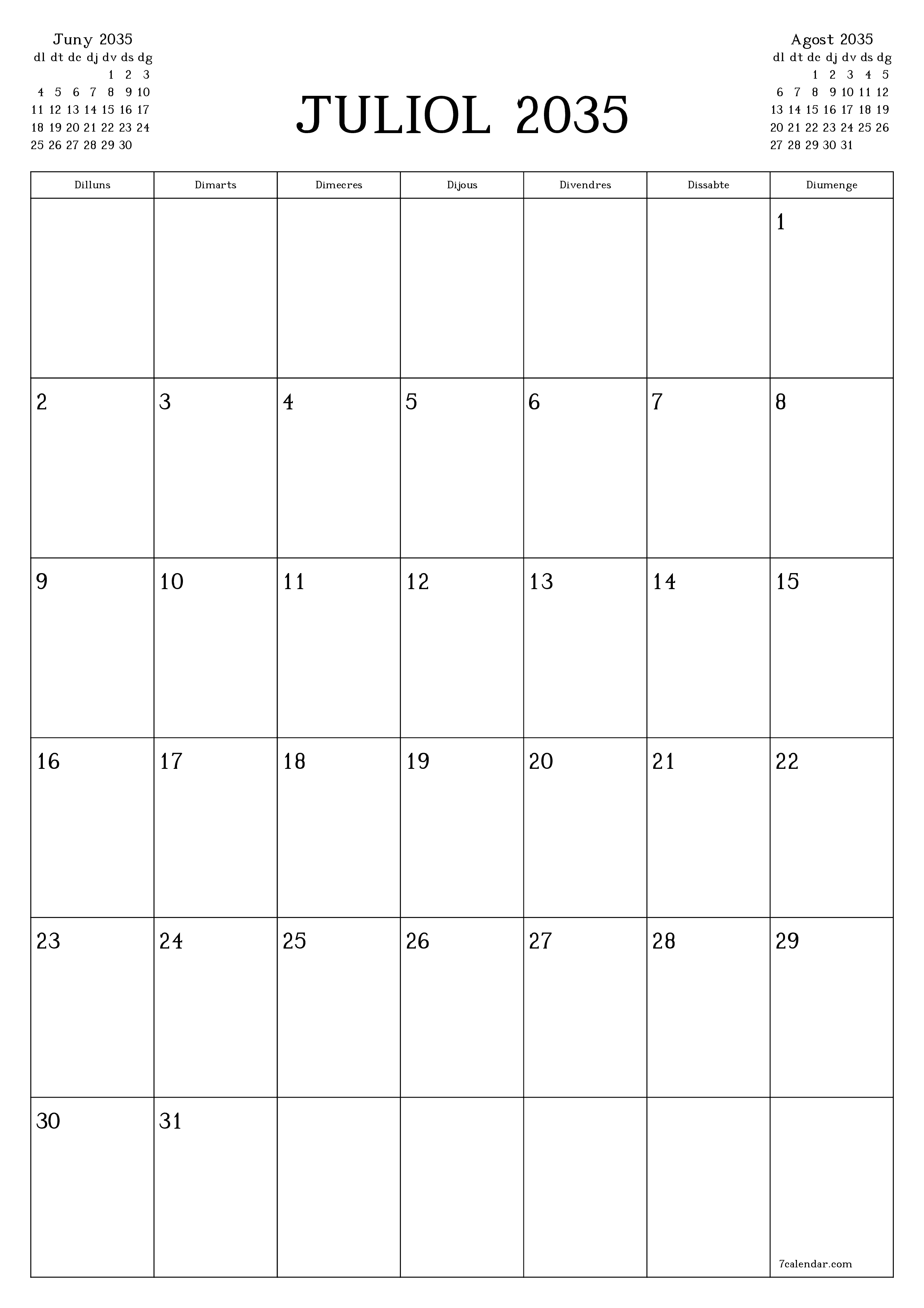  imprimible de paret plantilla de gratuïtvertical Mensual planificador calendari Juliol (Jul) 2035