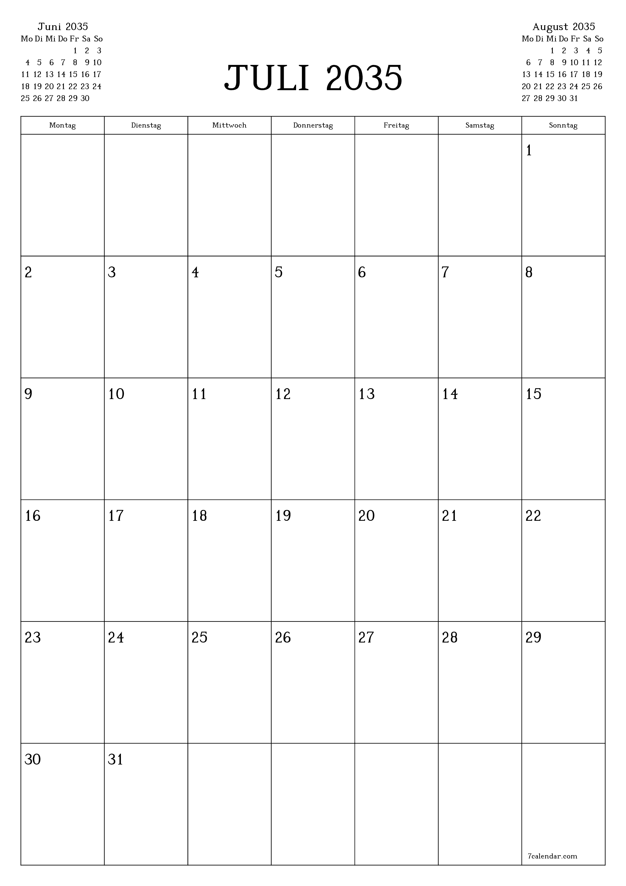 zum Ausdrucken Wandkalender vorlage kostenloser vertikal Monatlich Planer Kalender Juli (Jul) 2035