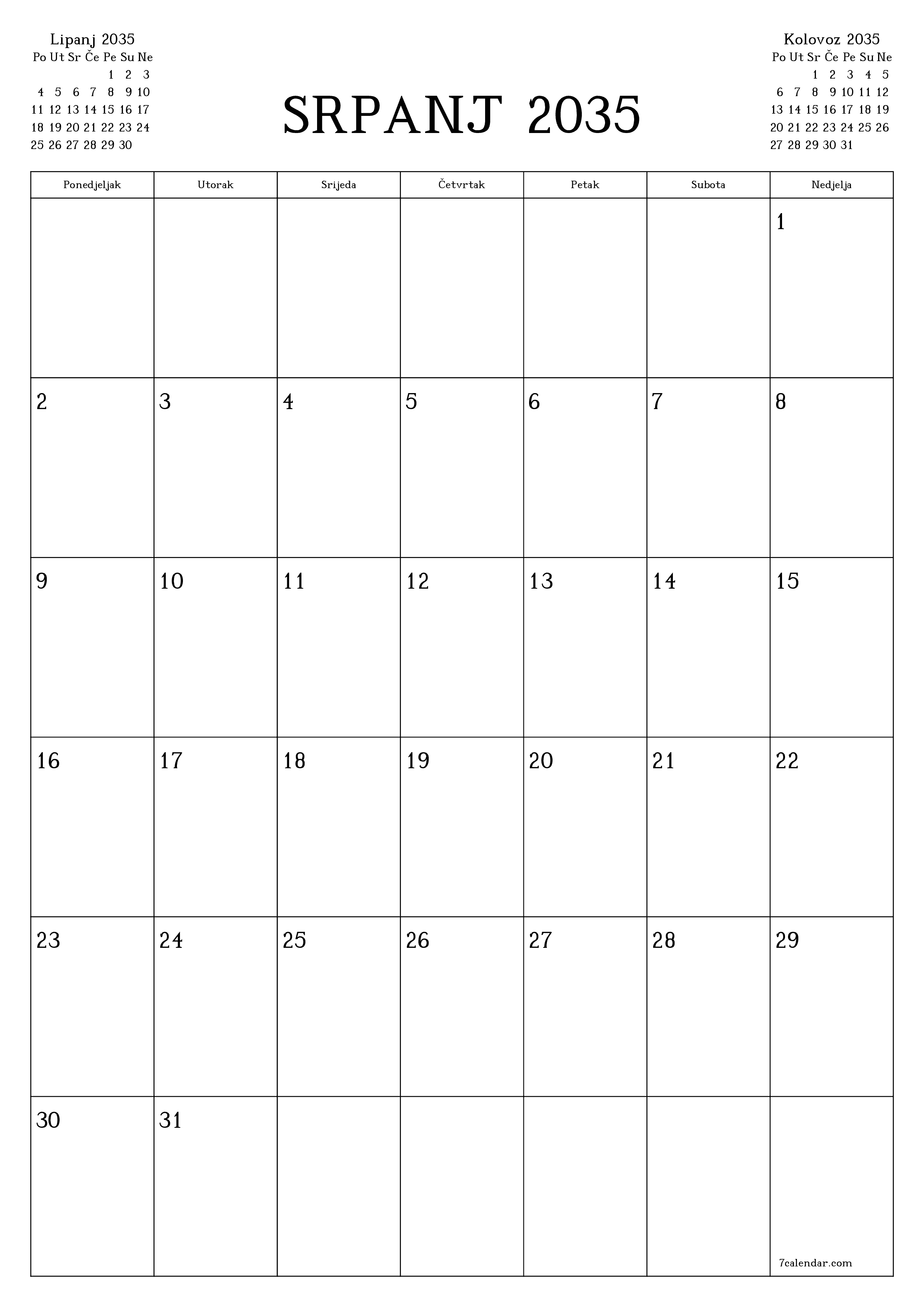  za ispis zidni predložak a besplatni okomito Mjesečni planer kalendar Srpanj (Srp) 2035