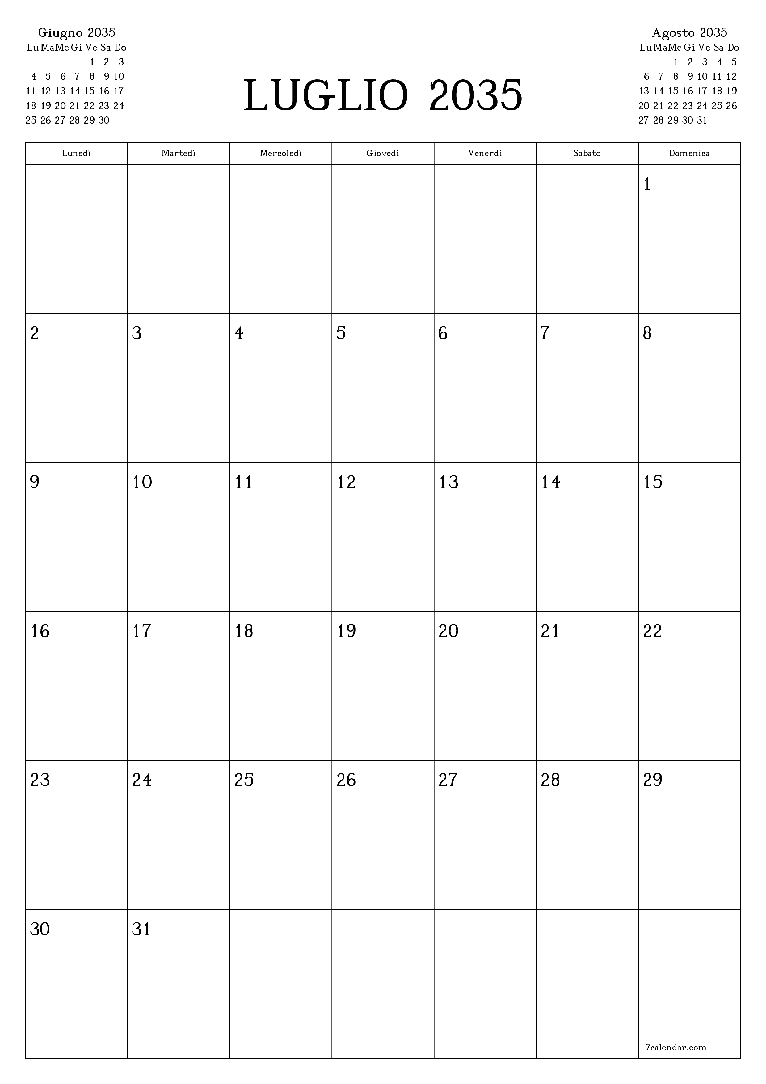  stampabile da parete modello di gratuitoverticale Mensile pianificatore calendario Luglio (Lug) 2035