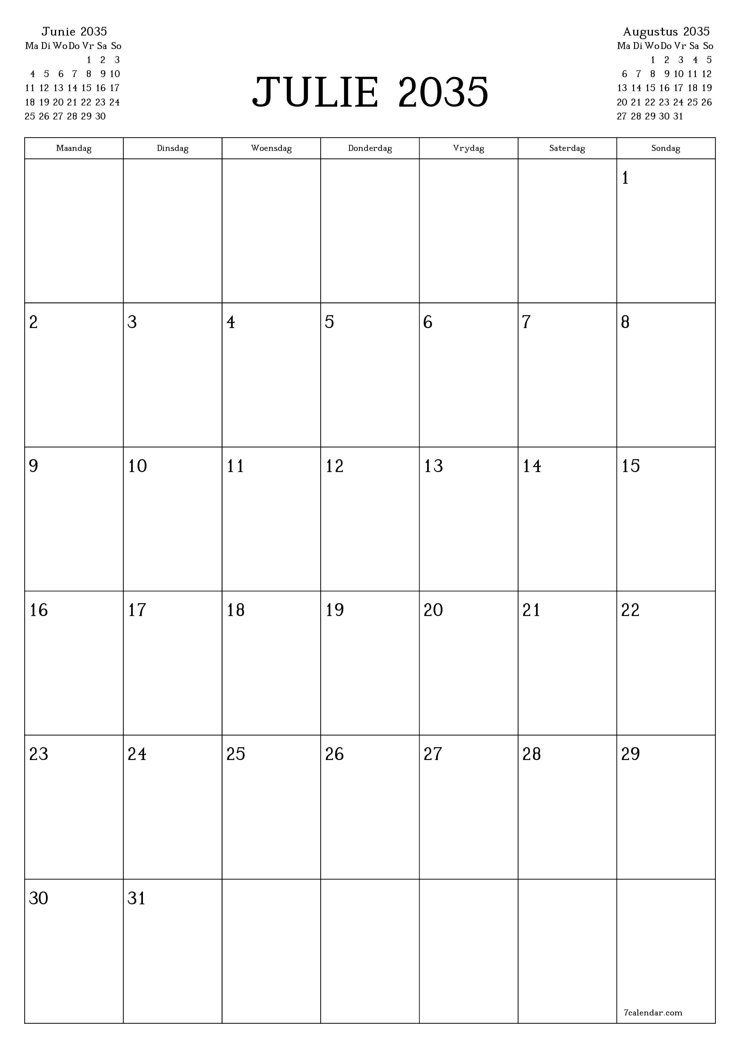drukbare muur template gratis vertikaal Maandeliks beplanner kalender Julie (Jul) 2035