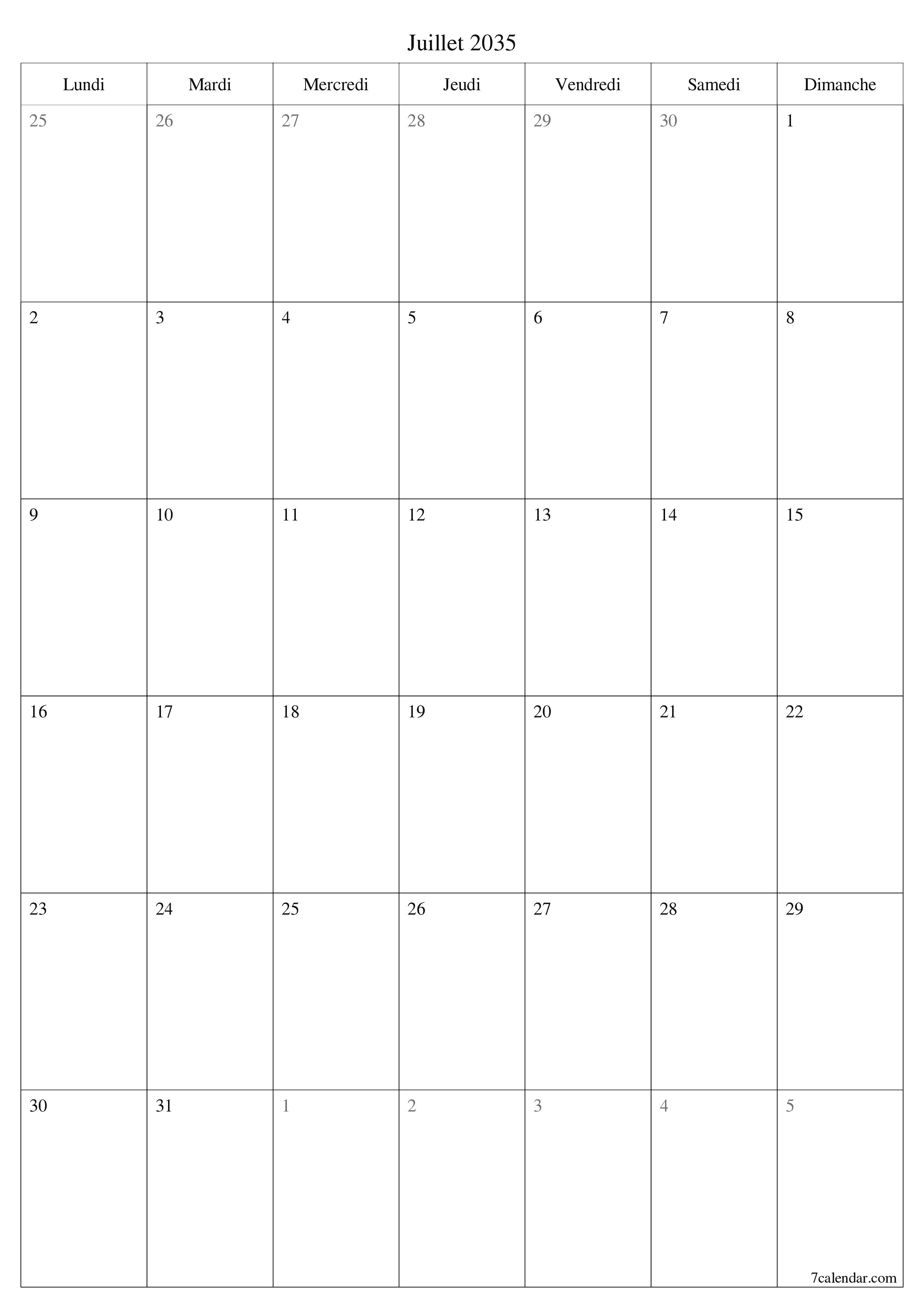  imprimable mural modèle de gratuitverticale Mensuel planificateur calendrier Juillet (Jul) 2035