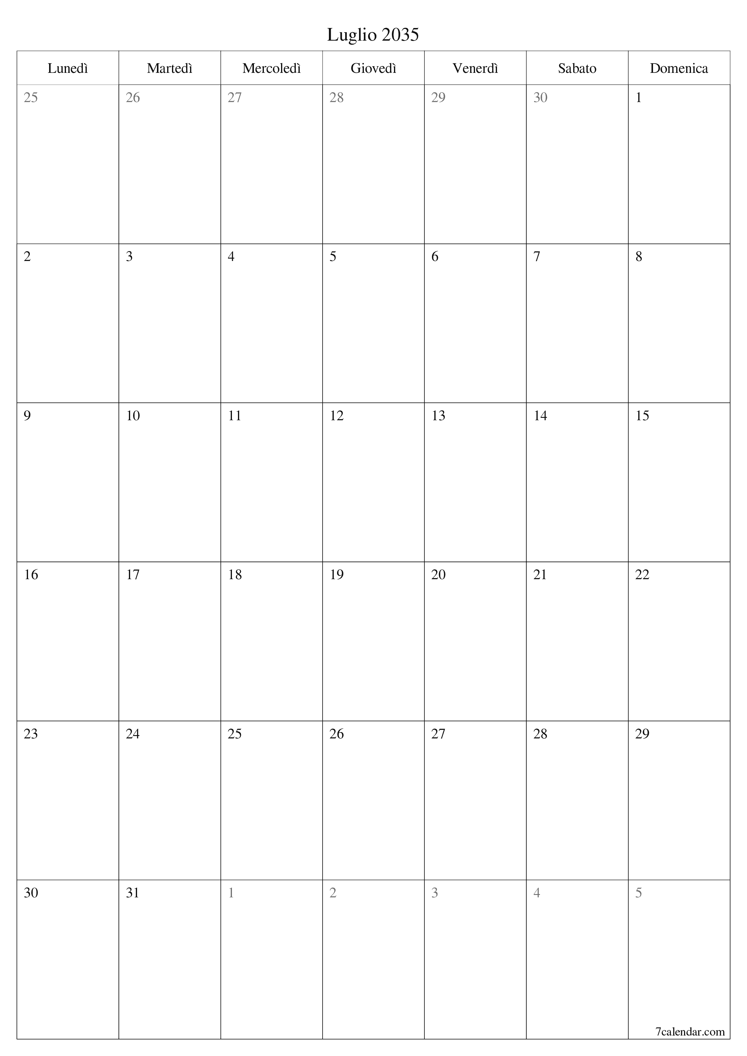  stampabile da parete modello di gratuitoverticale Mensile pianificatore calendario Luglio (Lug) 2035