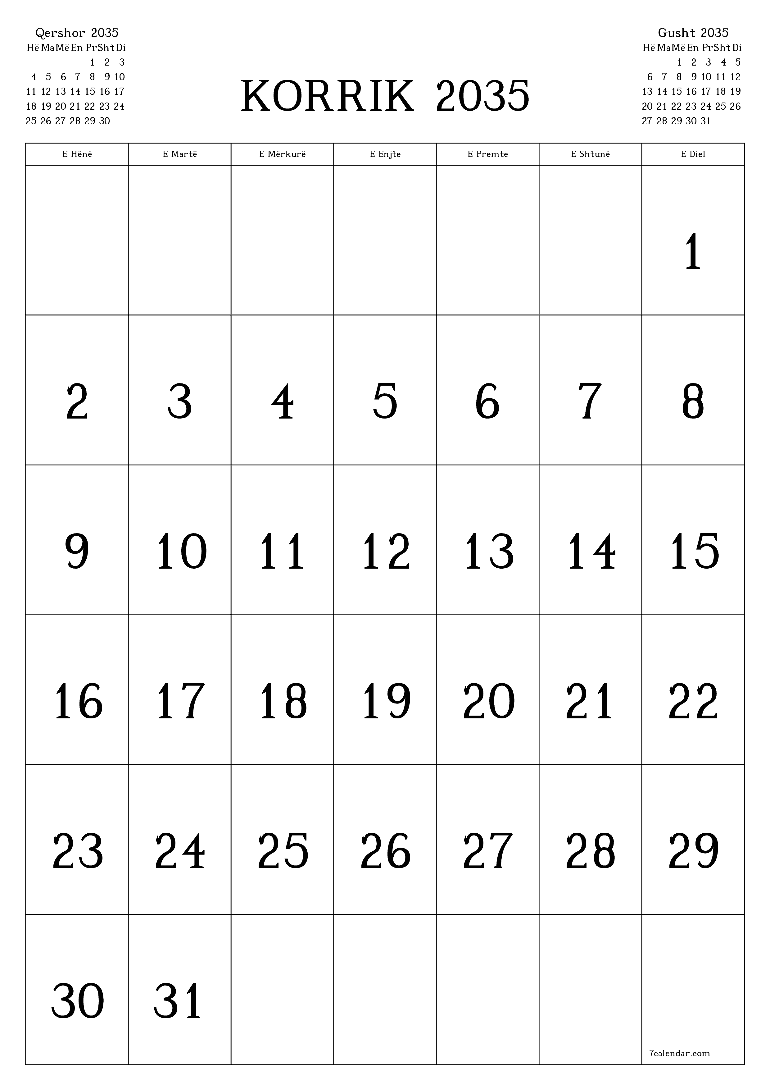  i printueshëm muri shabllon falasvertikale mujore kalendar Korrik (Korr) 2035
