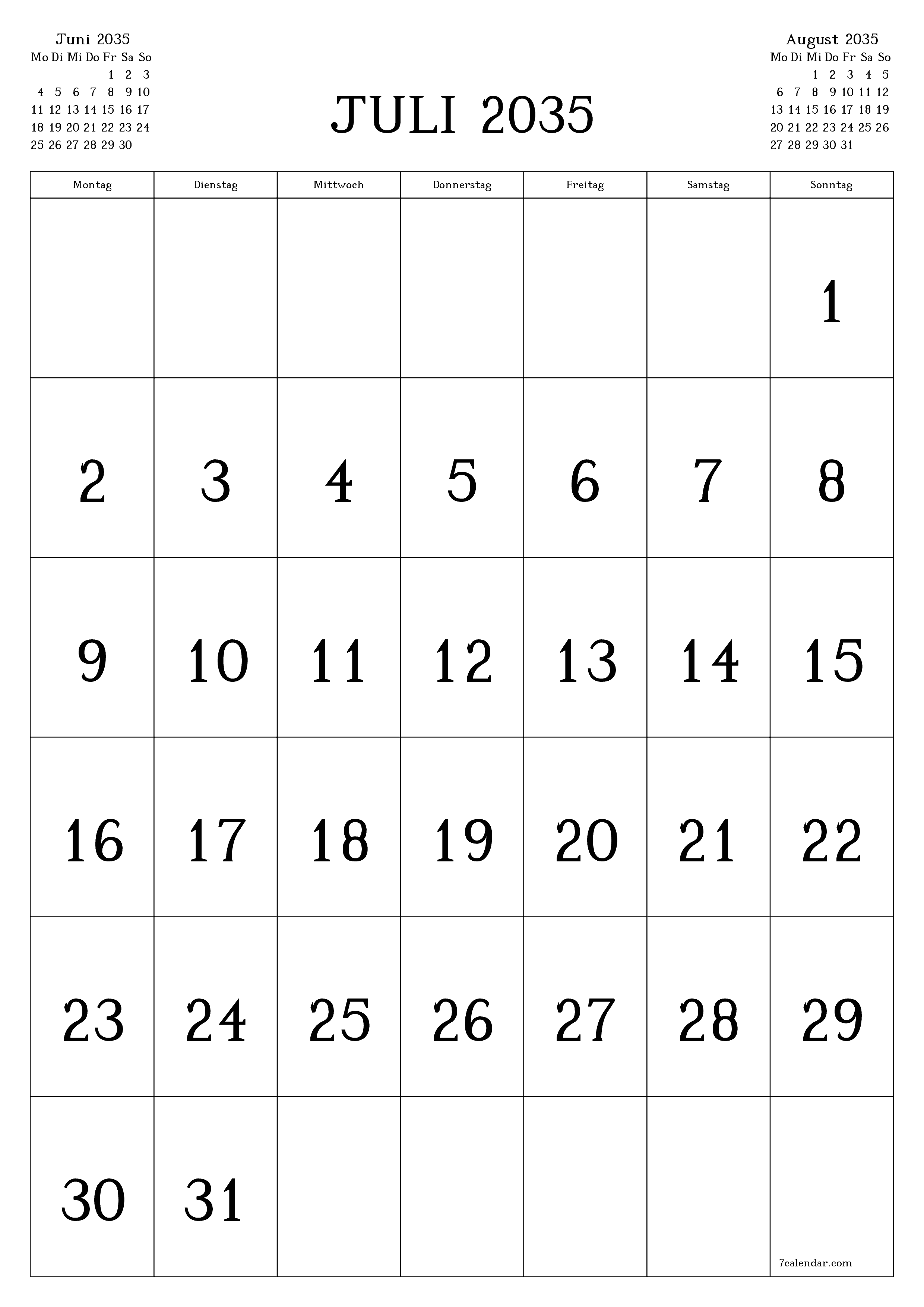  zum Ausdrucken Wandkalender vorlage kostenloser vertikal Monatlich Kalender Juli (Jul) 2035