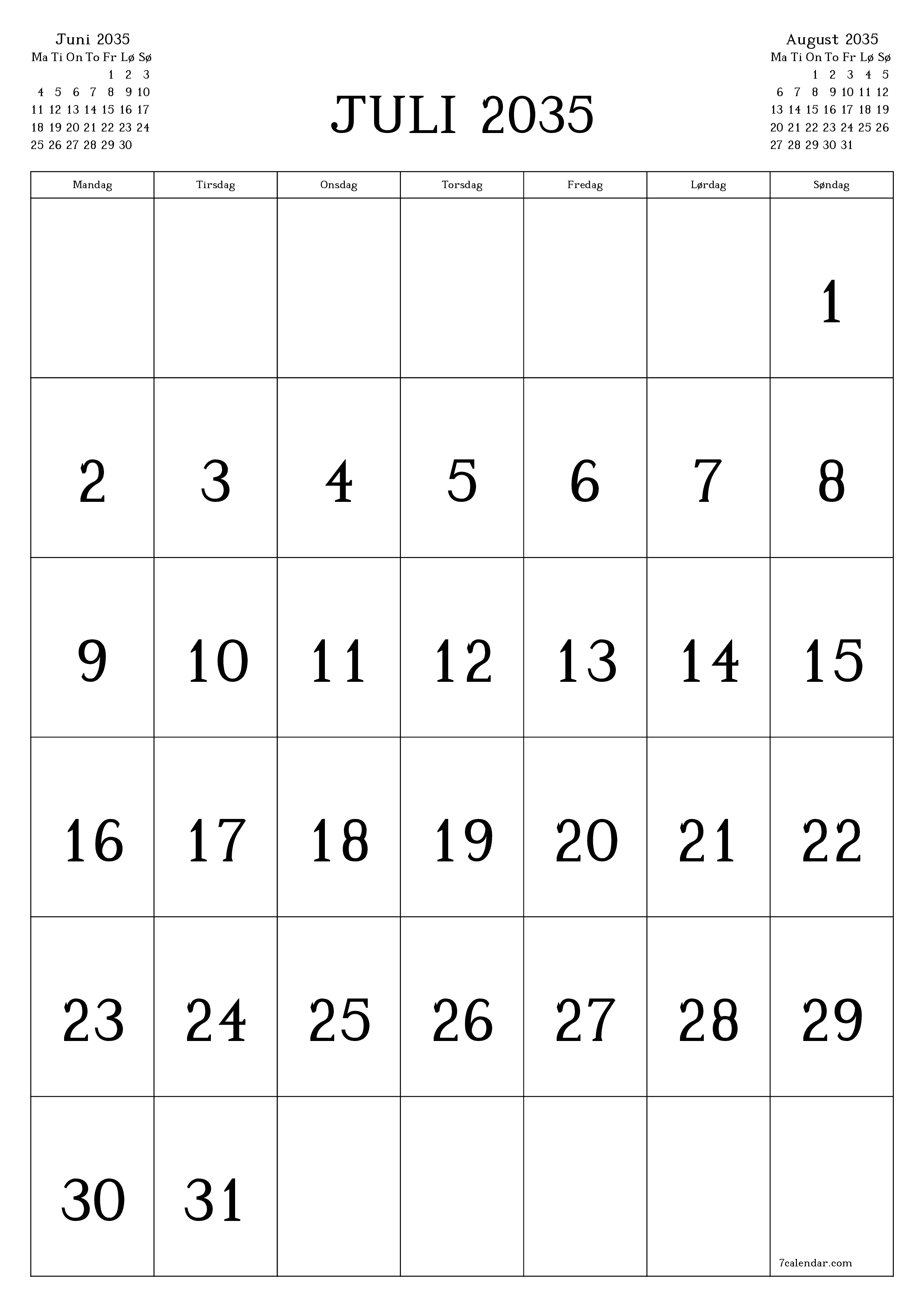 udskrivbar væg skabelon gratis lodret Månedlig kalender Juli (Jul) 2035