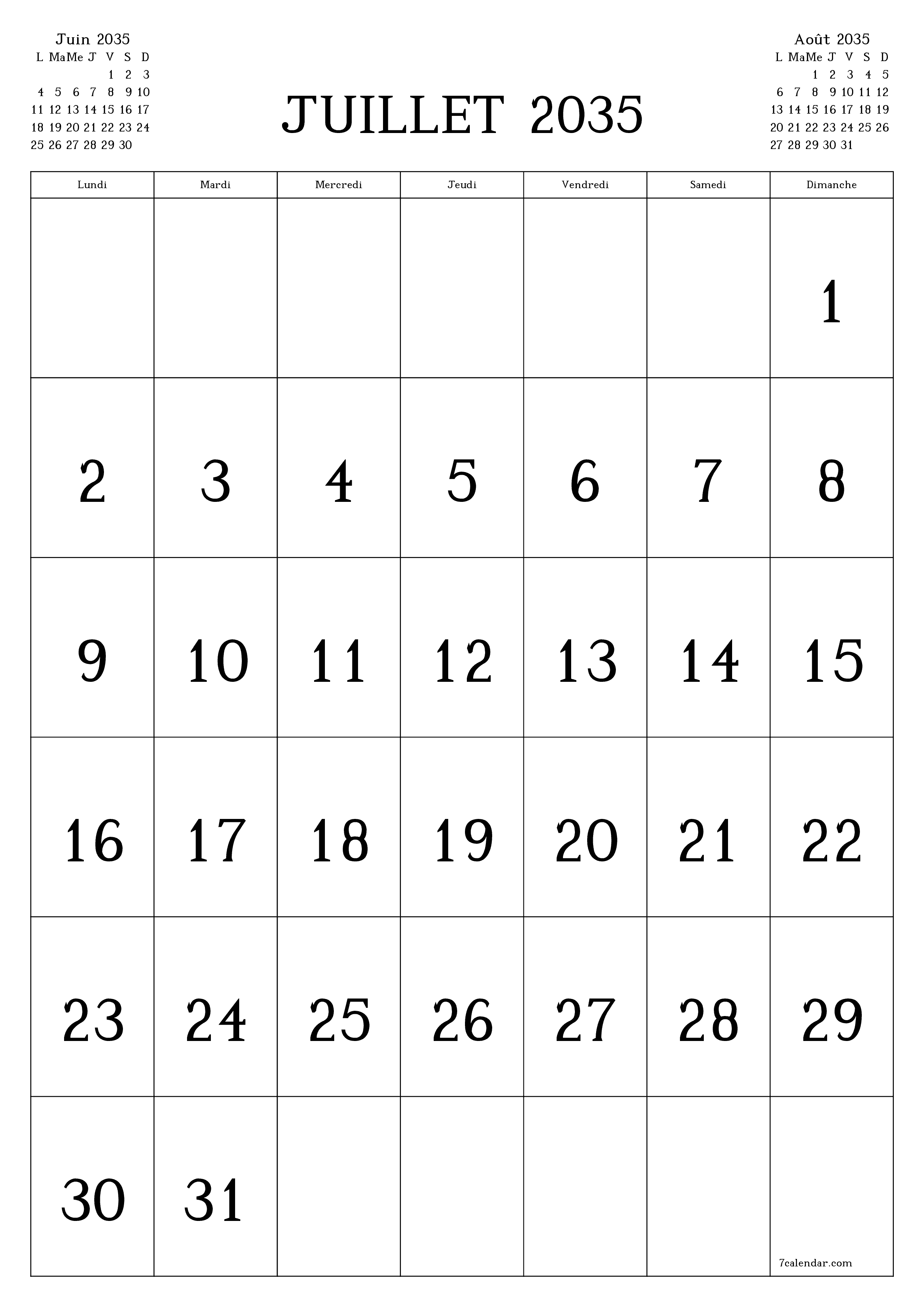  imprimable mural modèle de gratuitverticale Mensuel calendrier Juillet (Jul) 2035