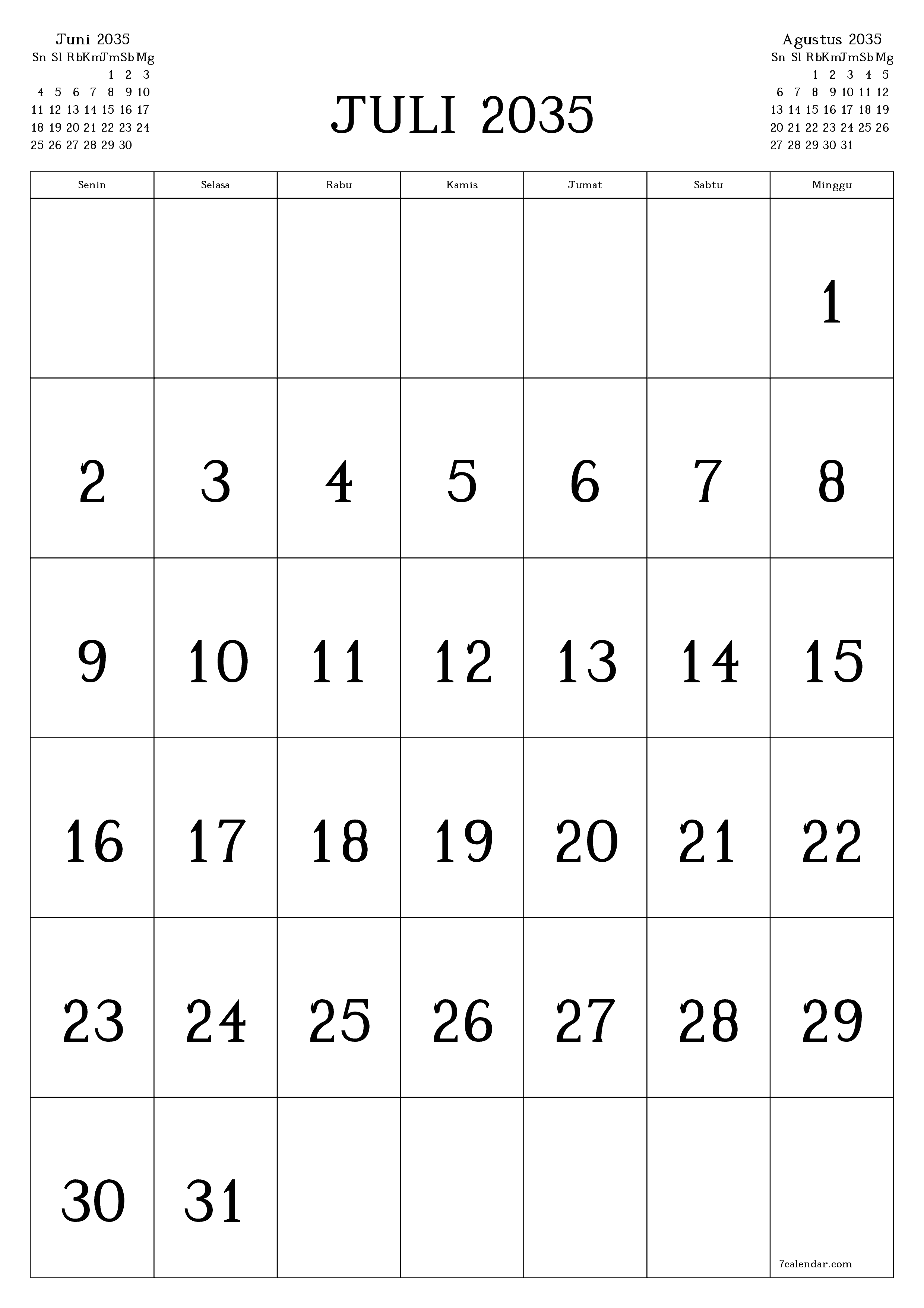  yang dapat dicetak dinding templat gratisvertikal Bulanan kalender Juli (Jul) 2035