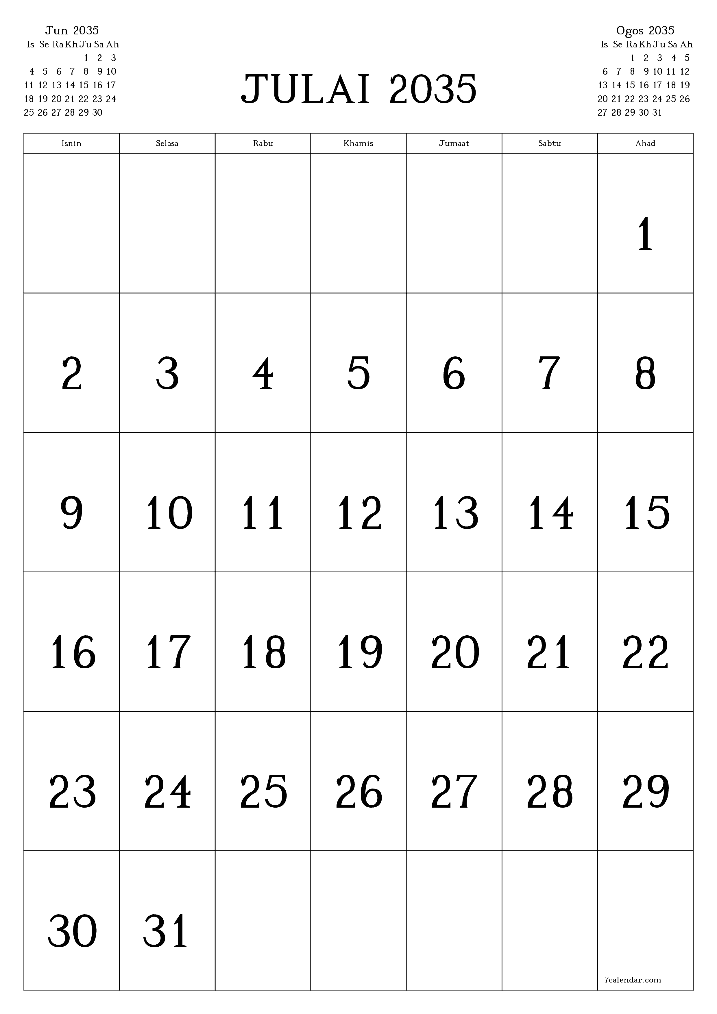  boleh cetak dinding templat percumamenegak Bulanan kalendar Julai (Jul) 2035