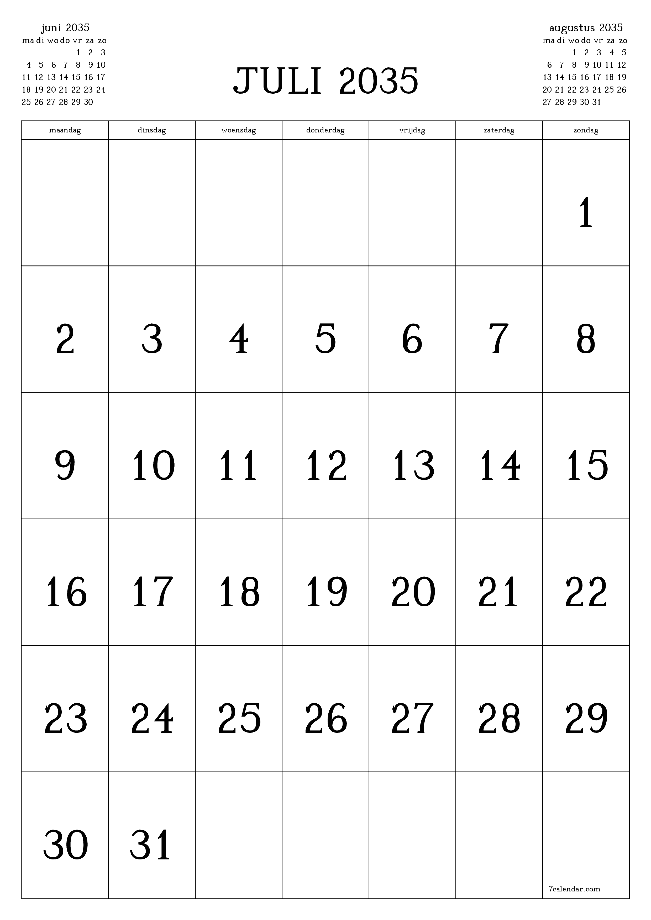 Lege maandplanner voor maand juli 2035 met notities, opslaan en afdrukken naar pdf PNG Dutch