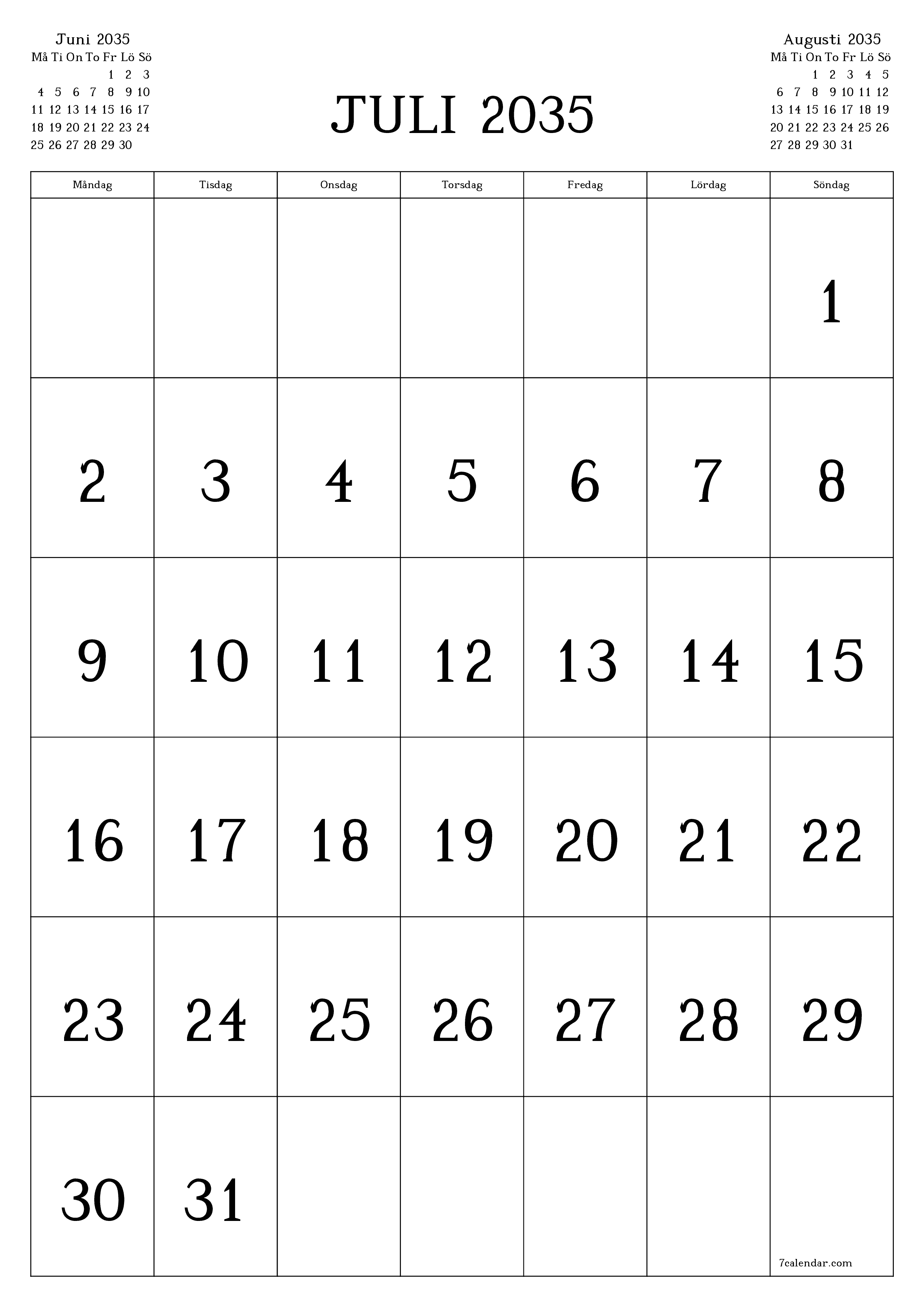 utskrivbar vägg mall gratis vertikal Månatlig kalender Juli (Jul) 2035