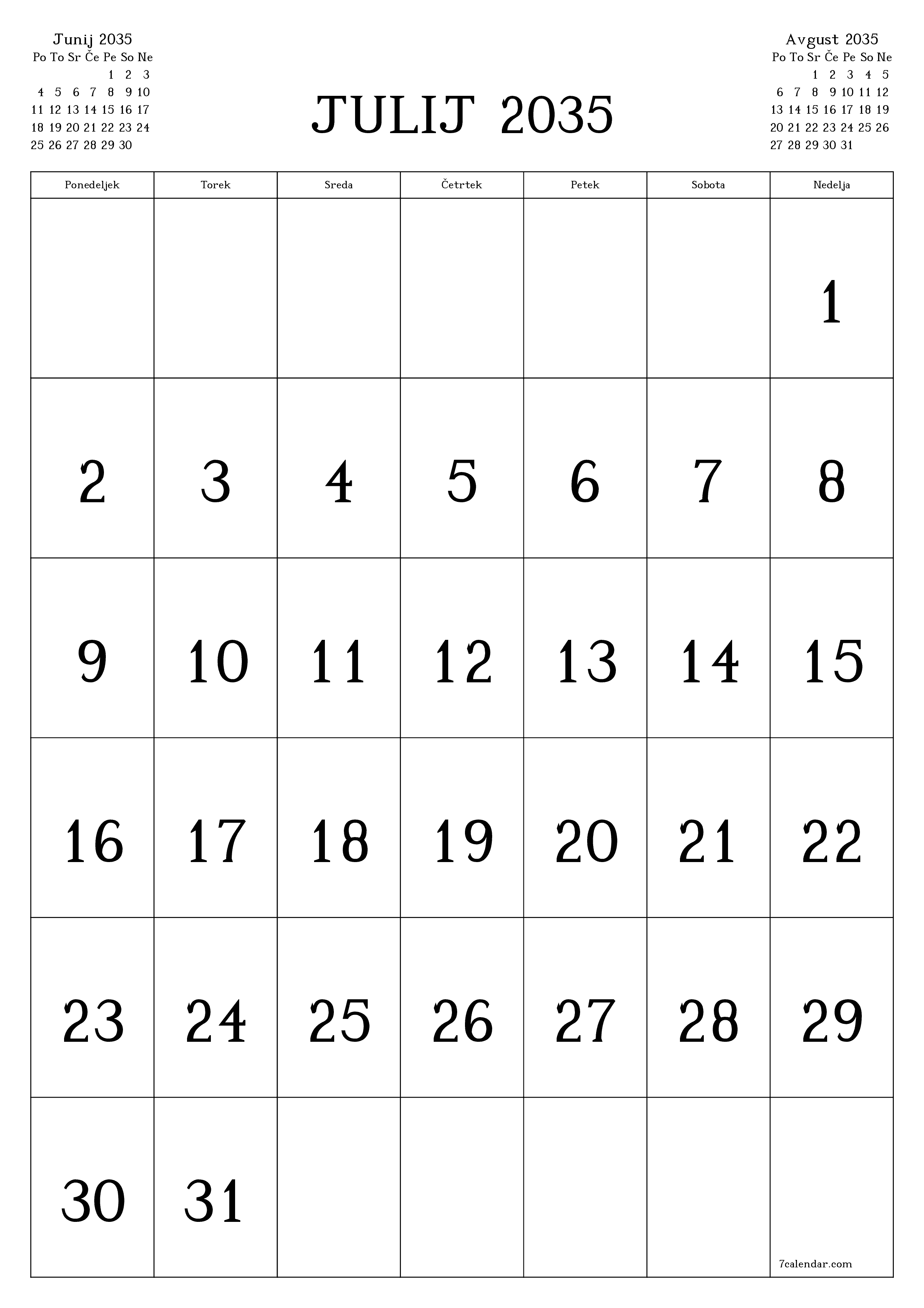natisljiv stenski ska predloga brezplačni vertical Mesečno koledar Julij (Jul) 2035