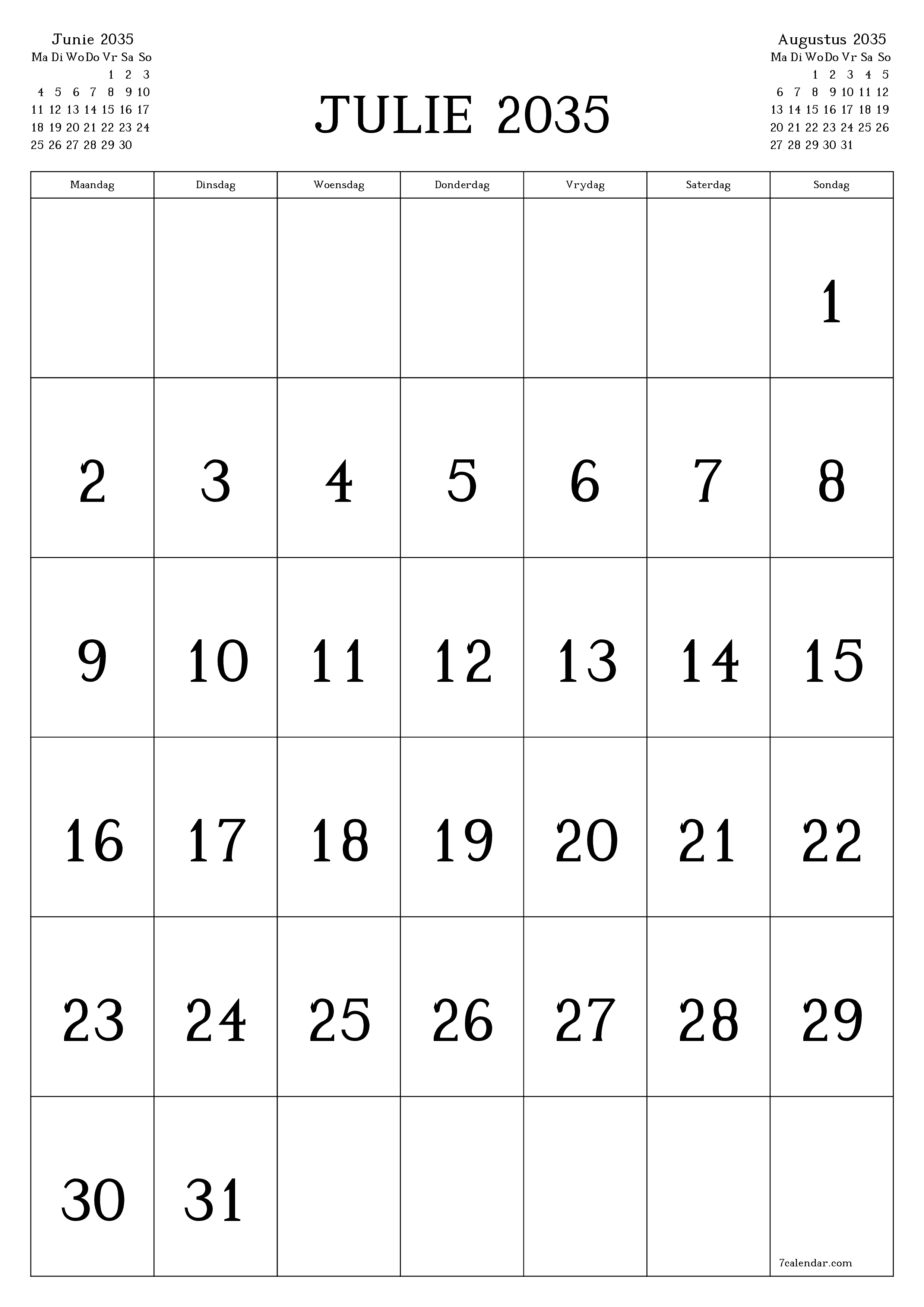 Leë maandelikse drukbare kalender en beplanner vir maand Julie 2035 met notas stoor en druk na PDF PNG Afrikaans