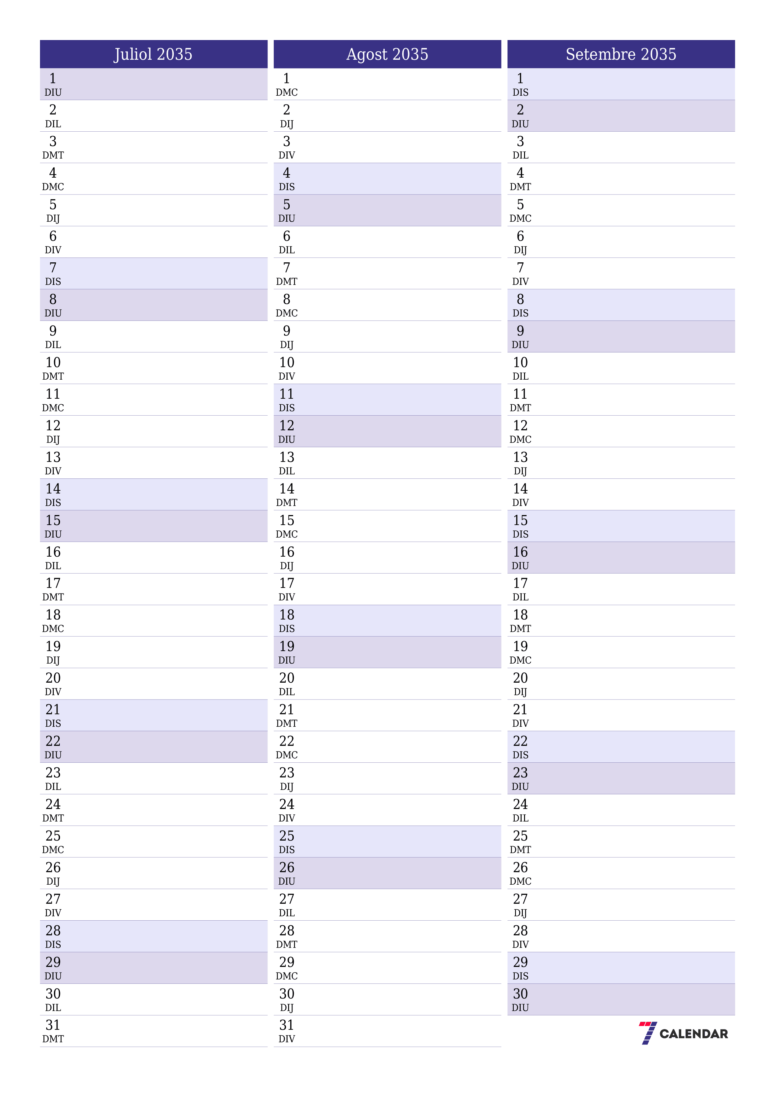  imprimible de paret plantilla de gratuïtvertical Mensual planificador calendari Juliol (Jul) 2035