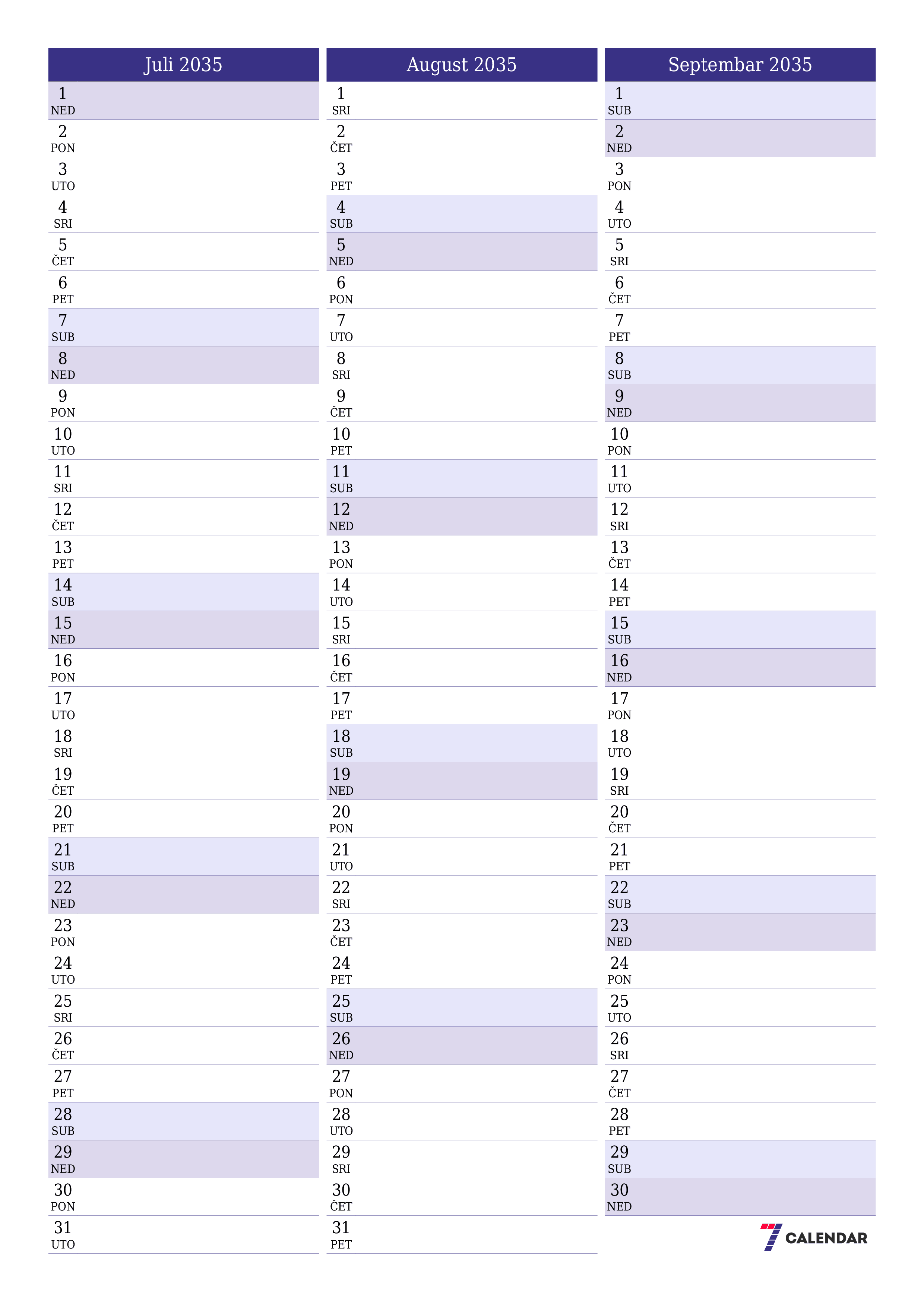  za štampanje zidni šablon a besplatni vertikalno Mjesečno planer kalendar Juli (Jul) 2035