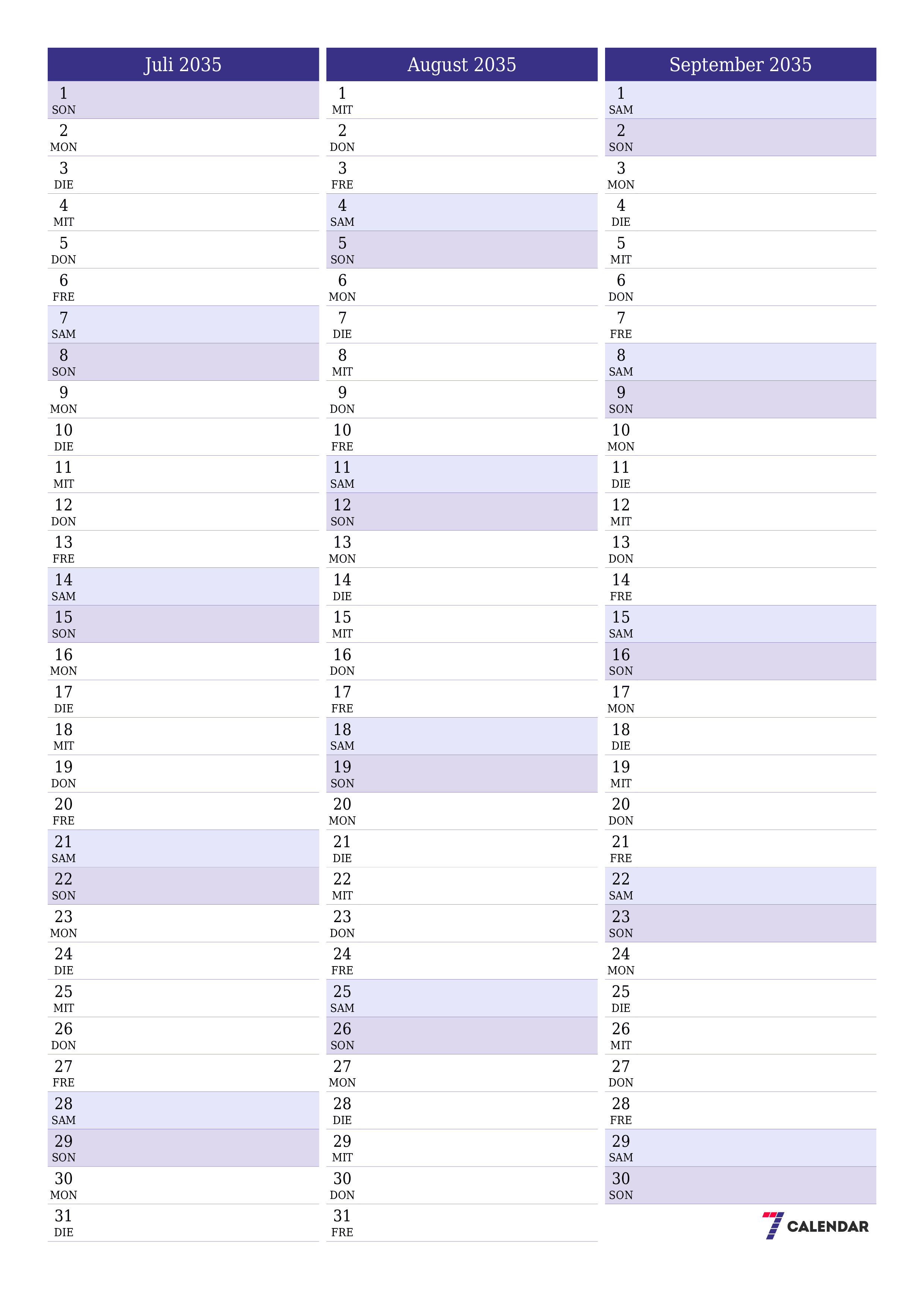  zum Ausdrucken Wandkalender vorlage kostenloser vertikal Monatlich Planer Kalender Juli (Jul) 2035