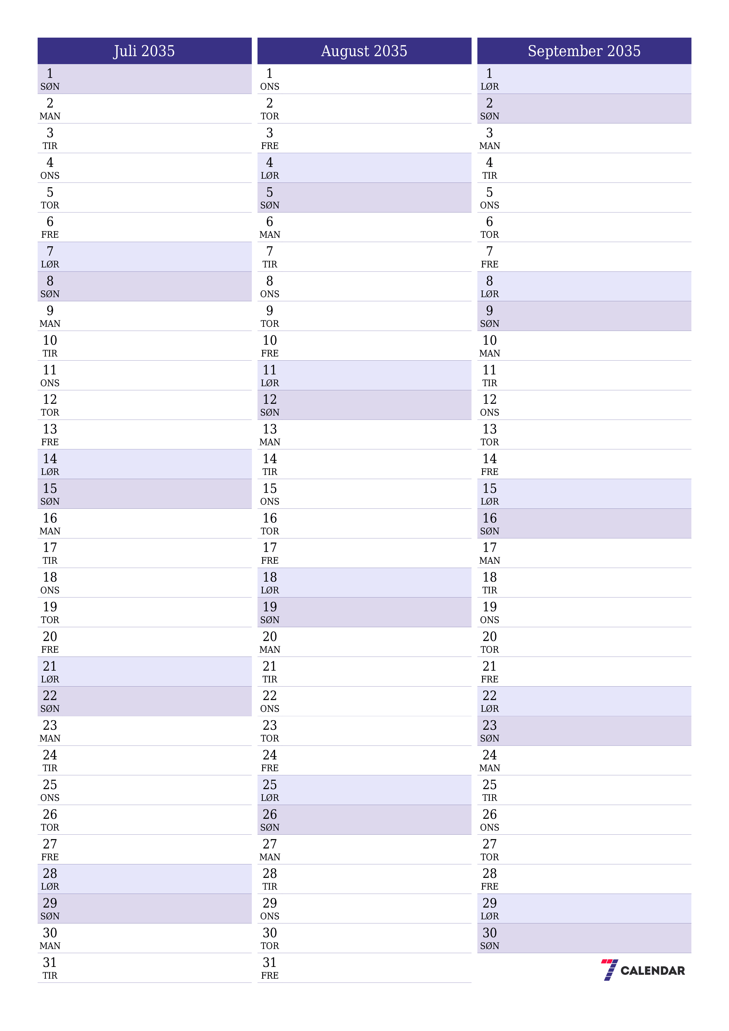 udskrivbar væg skabelon gratis lodret Månedlig planlægger kalender Juli (Jul) 2035