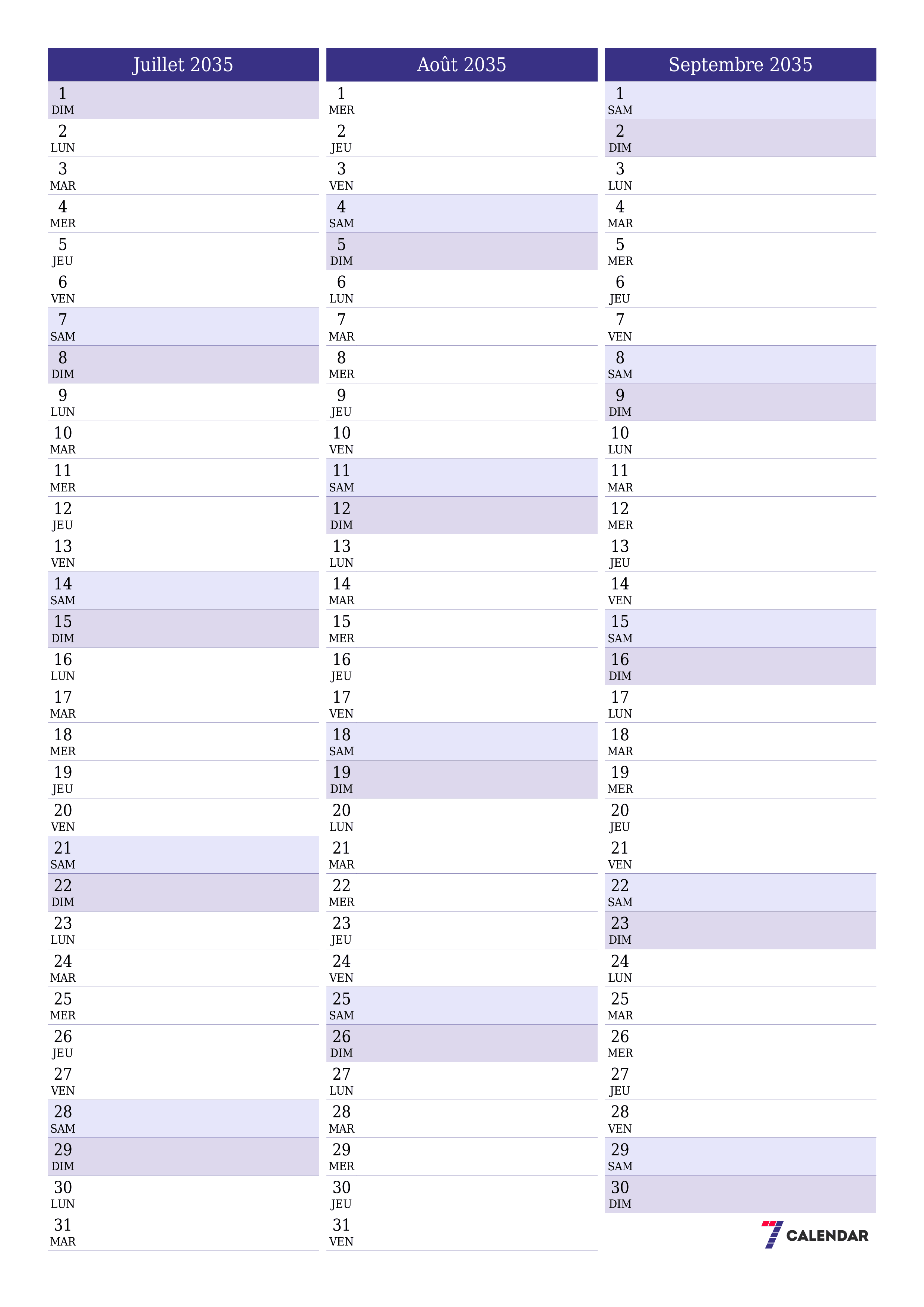  imprimable mural modèle de gratuitverticale Mensuel planificateur calendrier Juillet (Jul) 2035