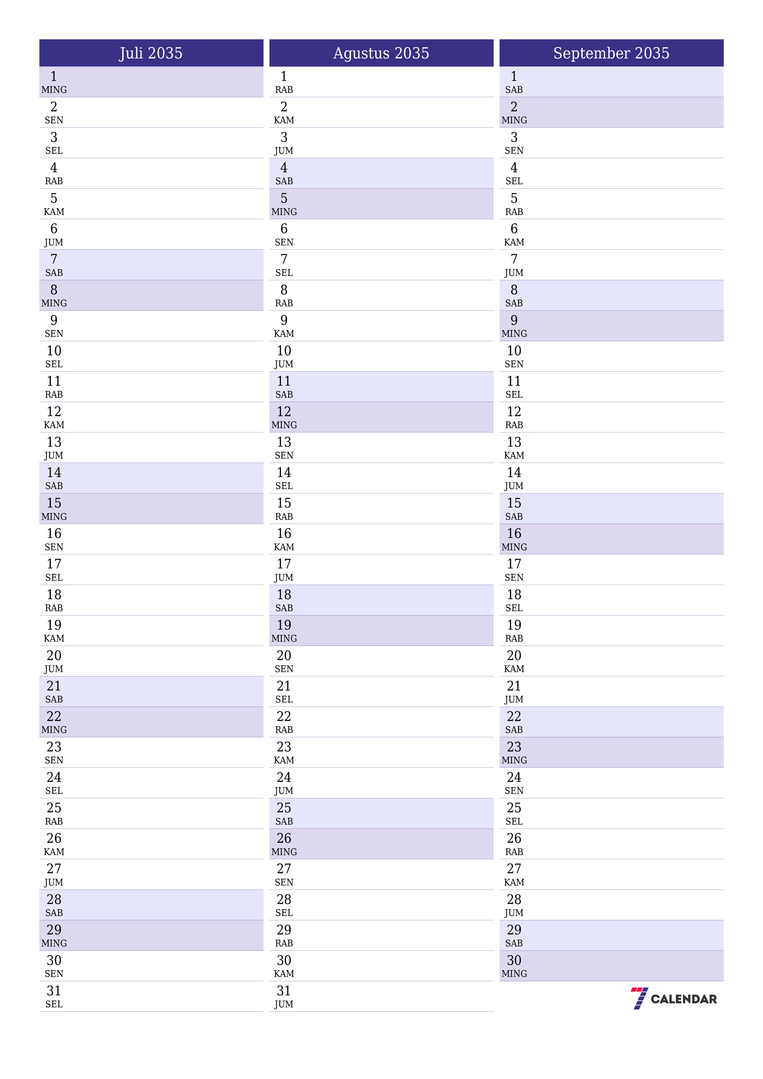  yang dapat dicetak dinding templat gratisvertikal Bulanan perencana kalender Juli (Jul) 2035