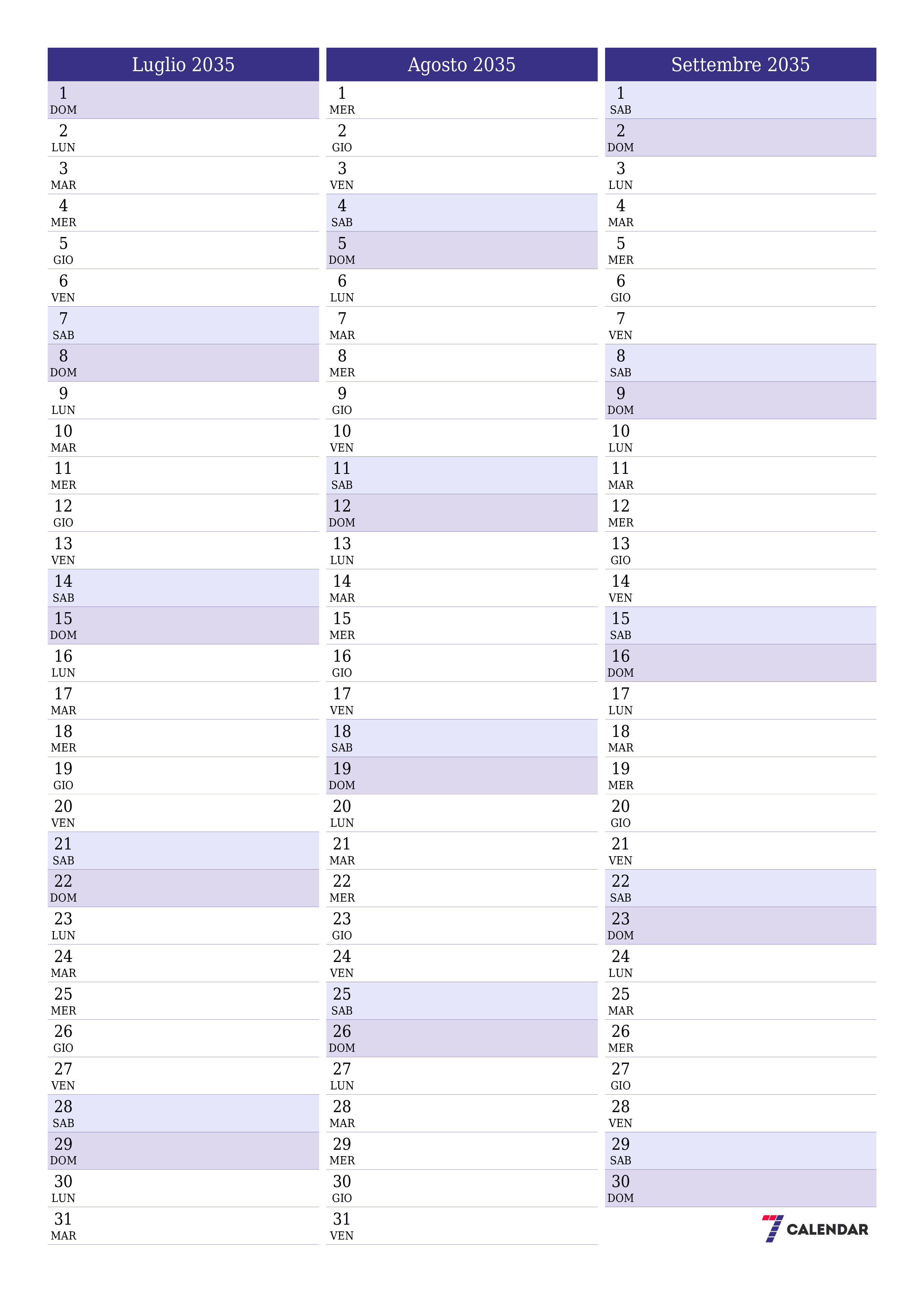  stampabile da parete modello di gratuitoverticale Mensile pianificatore calendario Luglio (Lug) 2035