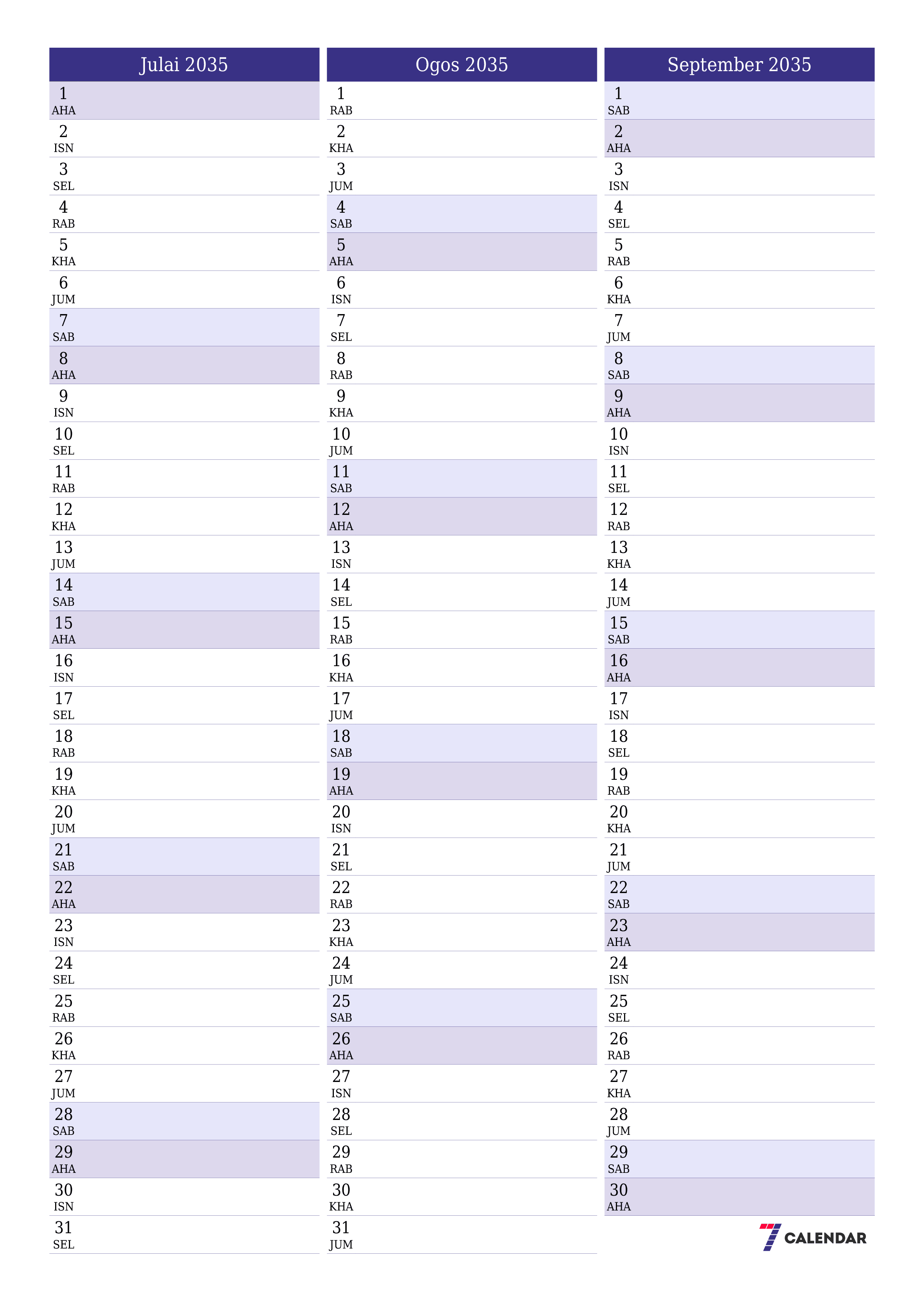  boleh cetak dinding templat percumamenegak Bulanan perancang kalendar Julai (Jul) 2035