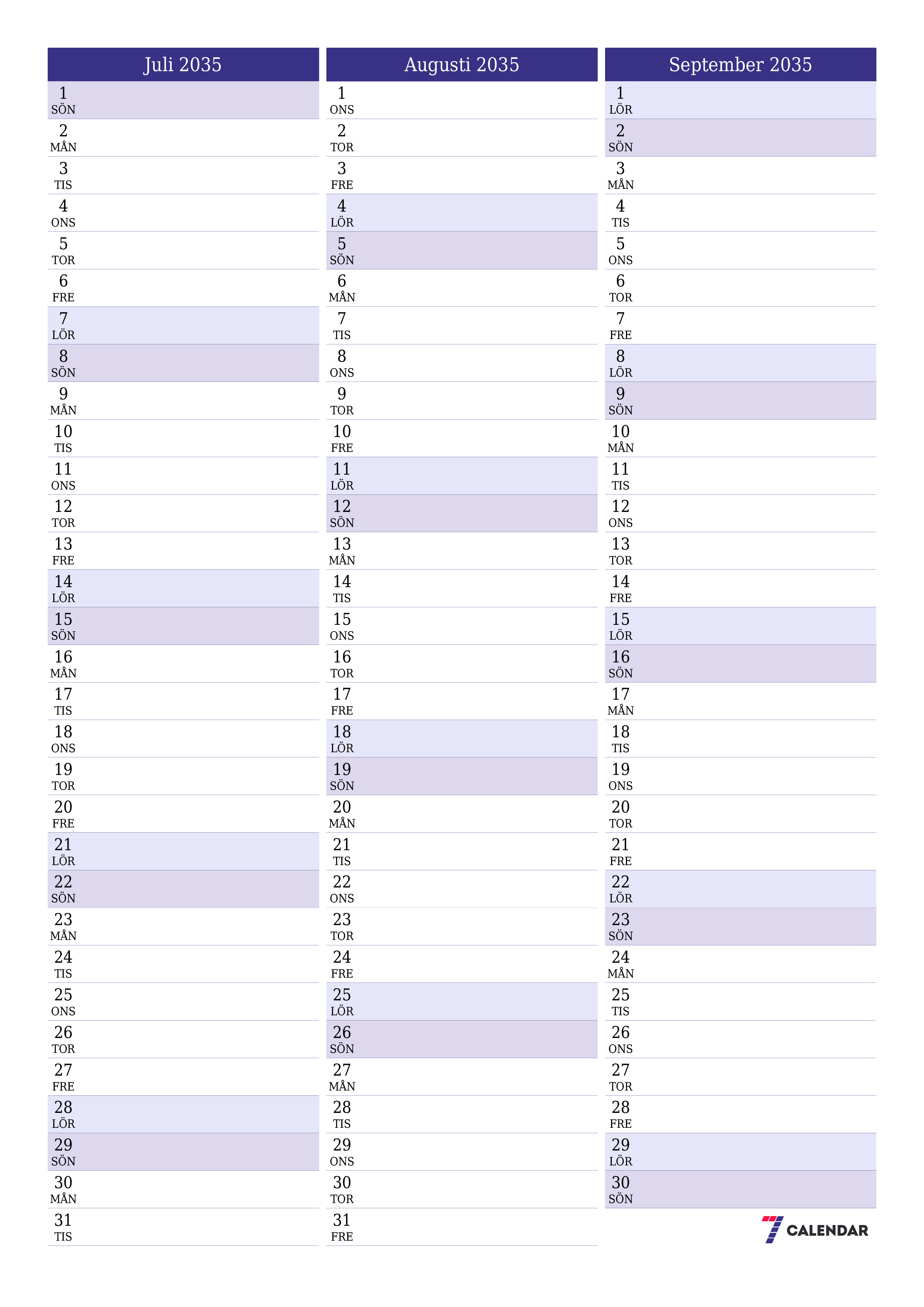 utskrivbar vägg mall gratis vertikal Månatlig planerare kalender Juli (Jul) 2035